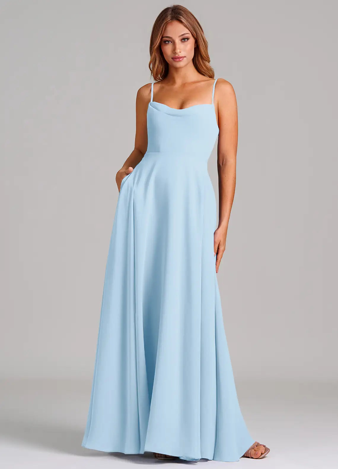 Sky Blue Thin Strap Cowl Neck Side Pocket A Line Chiffon Maxi Bridesmaid Dress