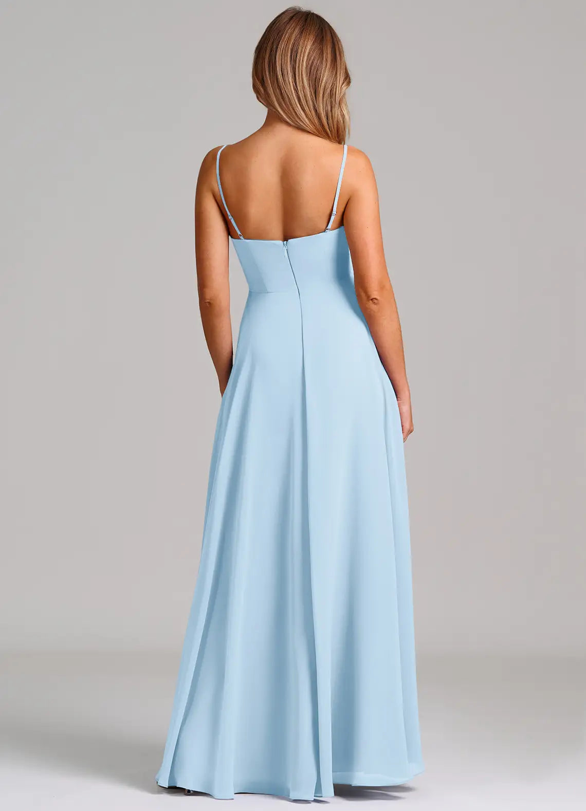 Sky Blue Thin Strap Cowl Neck Side Pocket A Line Chiffon Maxi Bridesmaid Dress