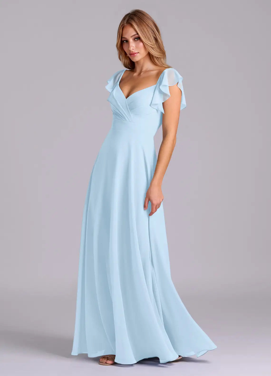 Sky Blue V Neck Ruffle Cap Sleeve A-Line Chiffon Maxi Bridesmaid Dress