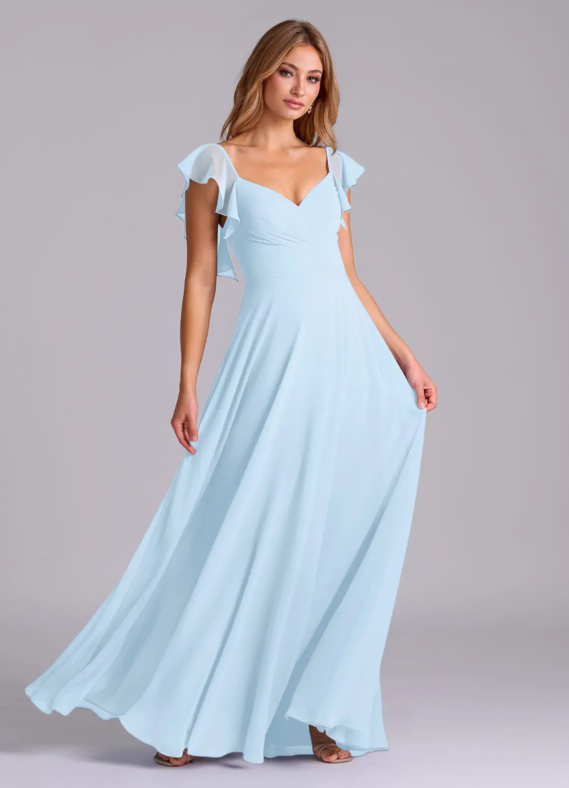 Sky Blue V Neck Ruffle Cap Sleeve A-Line Chiffon Maxi Bridesmaid Dress