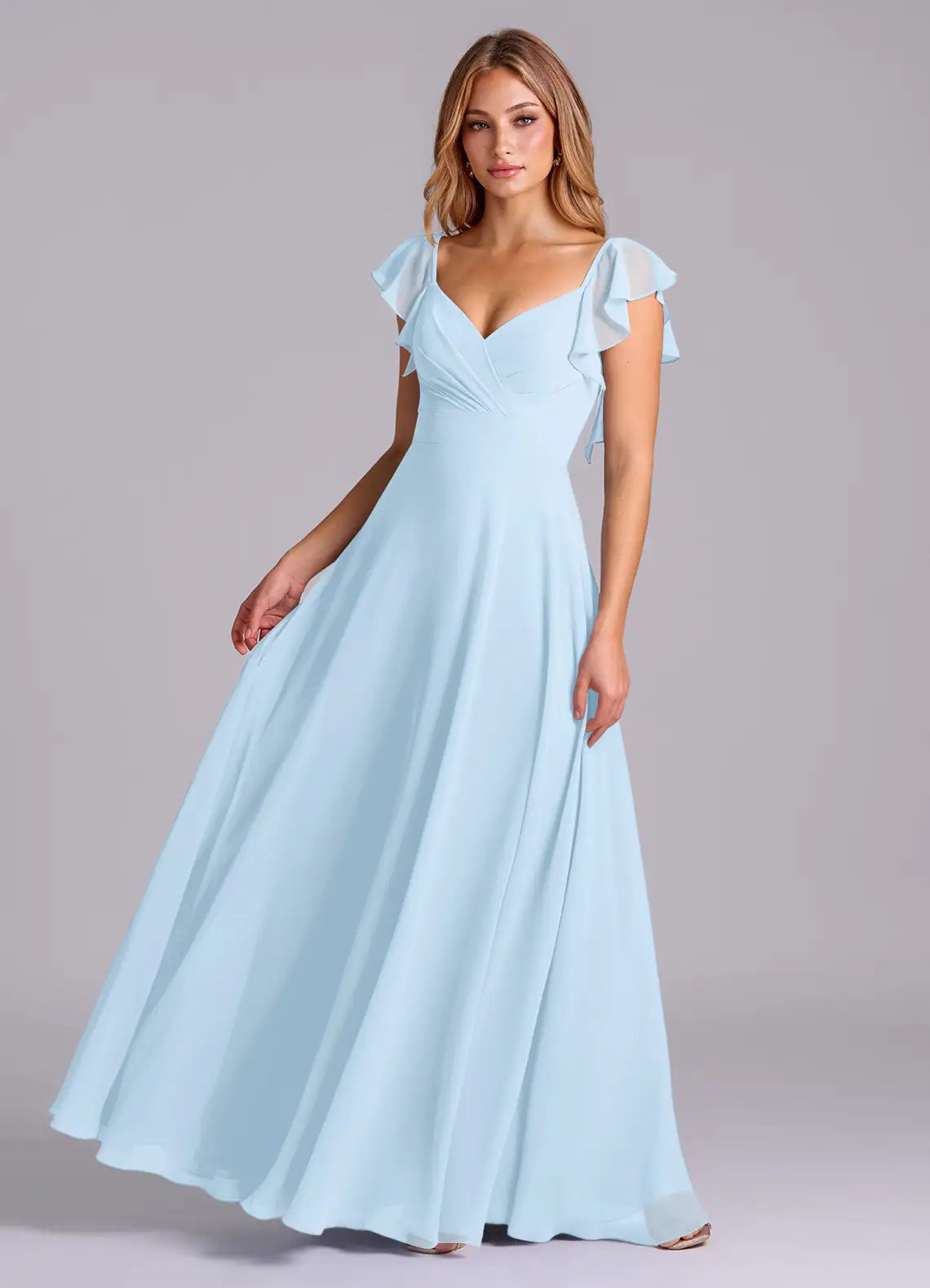 Sky Blue V Neck Ruffle Cap Sleeve A-Line Chiffon Maxi Bridesmaid Dress