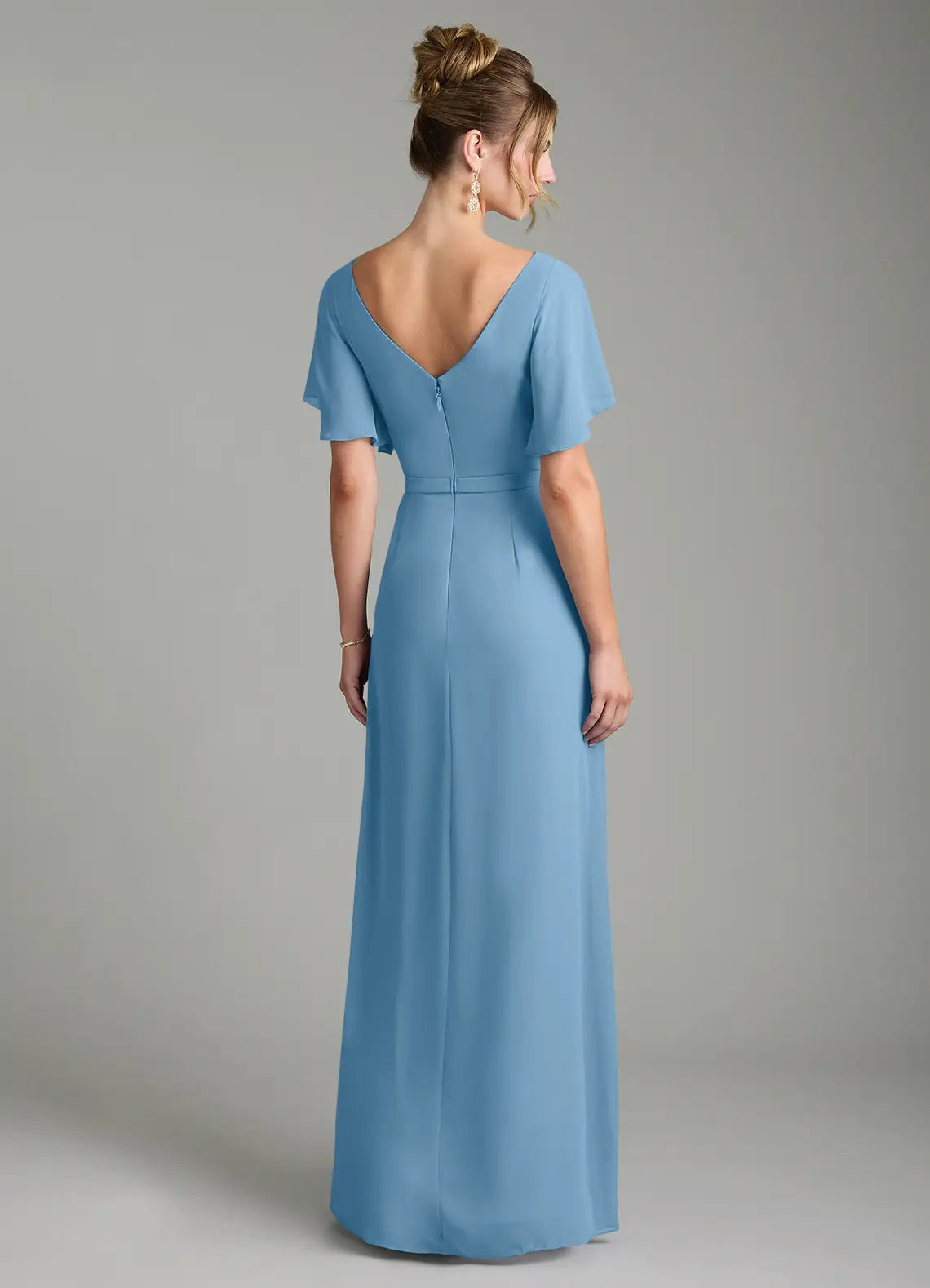 Sky Blue V Neck Ruffle Cap Sleeve High Slit A-Line Maxi Chiffon Bridesmaid Dress