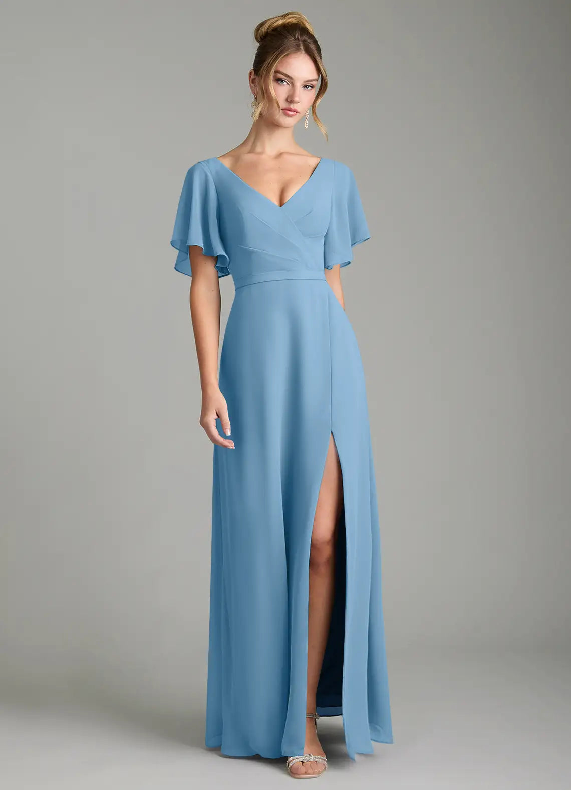 Sky Blue V Neck Ruffle Cap Sleeve High Slit A-Line Maxi Chiffon Bridesmaid Dress