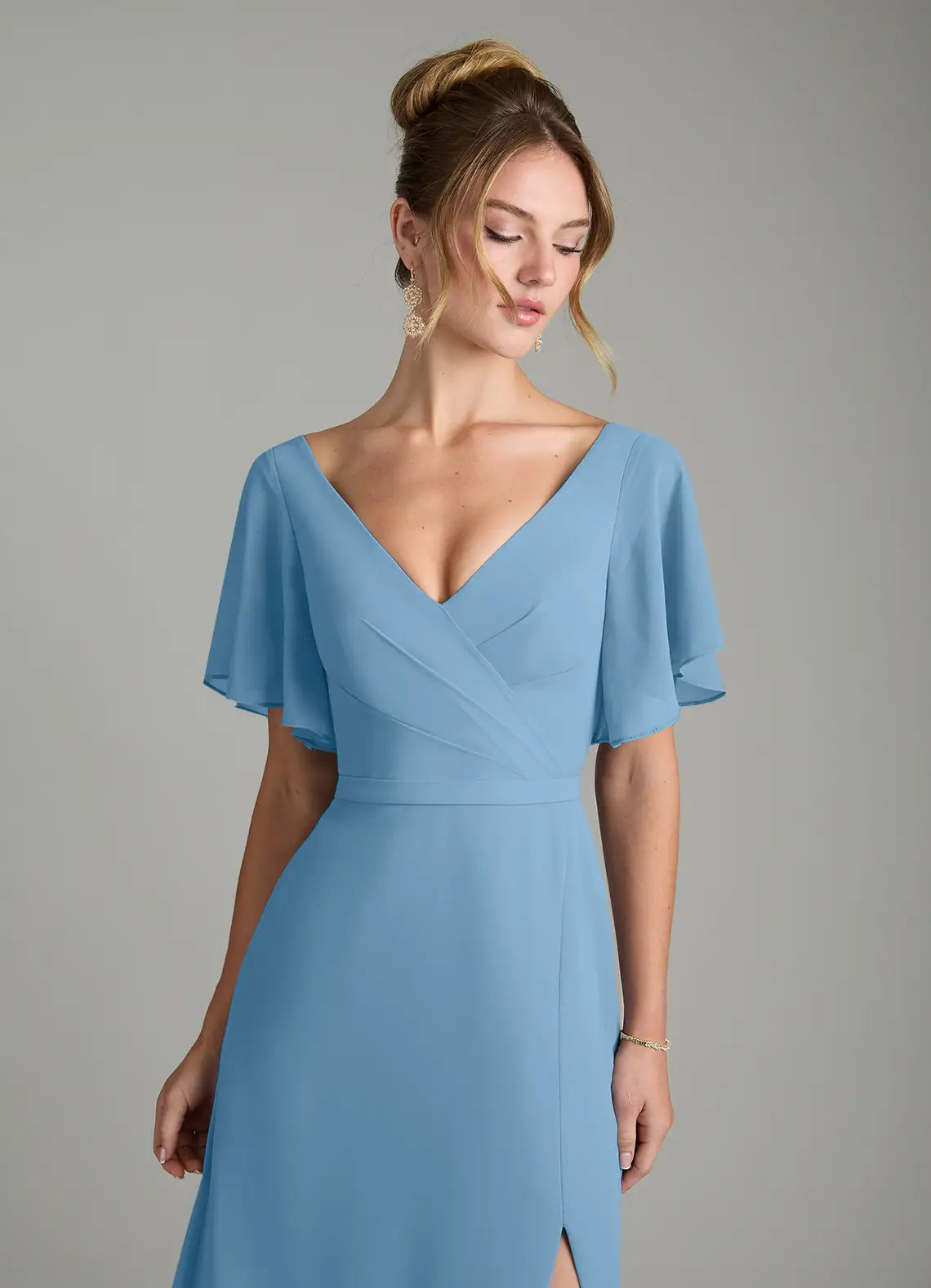 Sky Blue V Neck Ruffle Cap Sleeve High Slit A-Line Maxi Chiffon Bridesmaid Dress