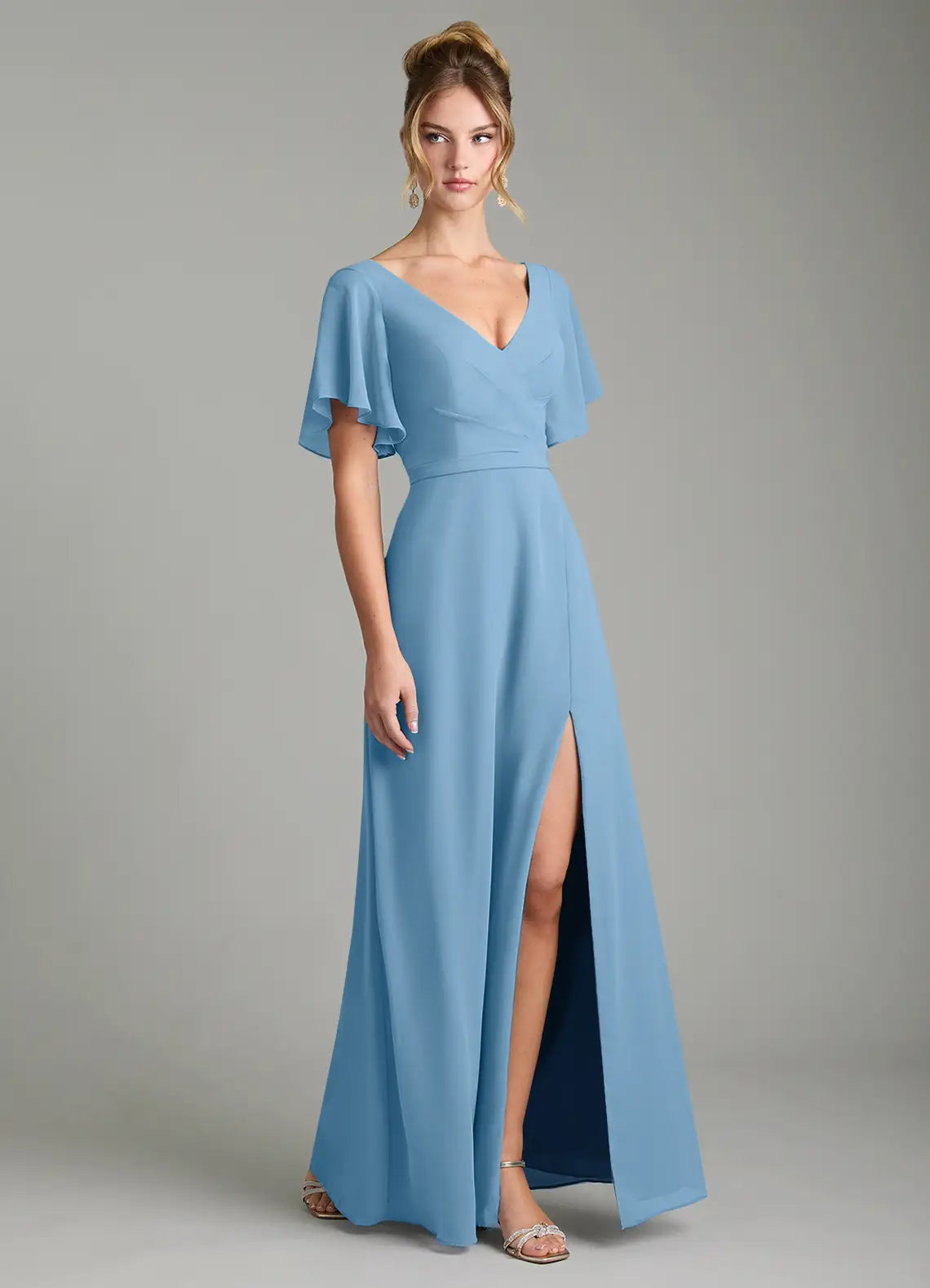 Sky Blue V Neck Ruffle Cap Sleeve High Slit A-Line Maxi Chiffon Bridesmaid Dress