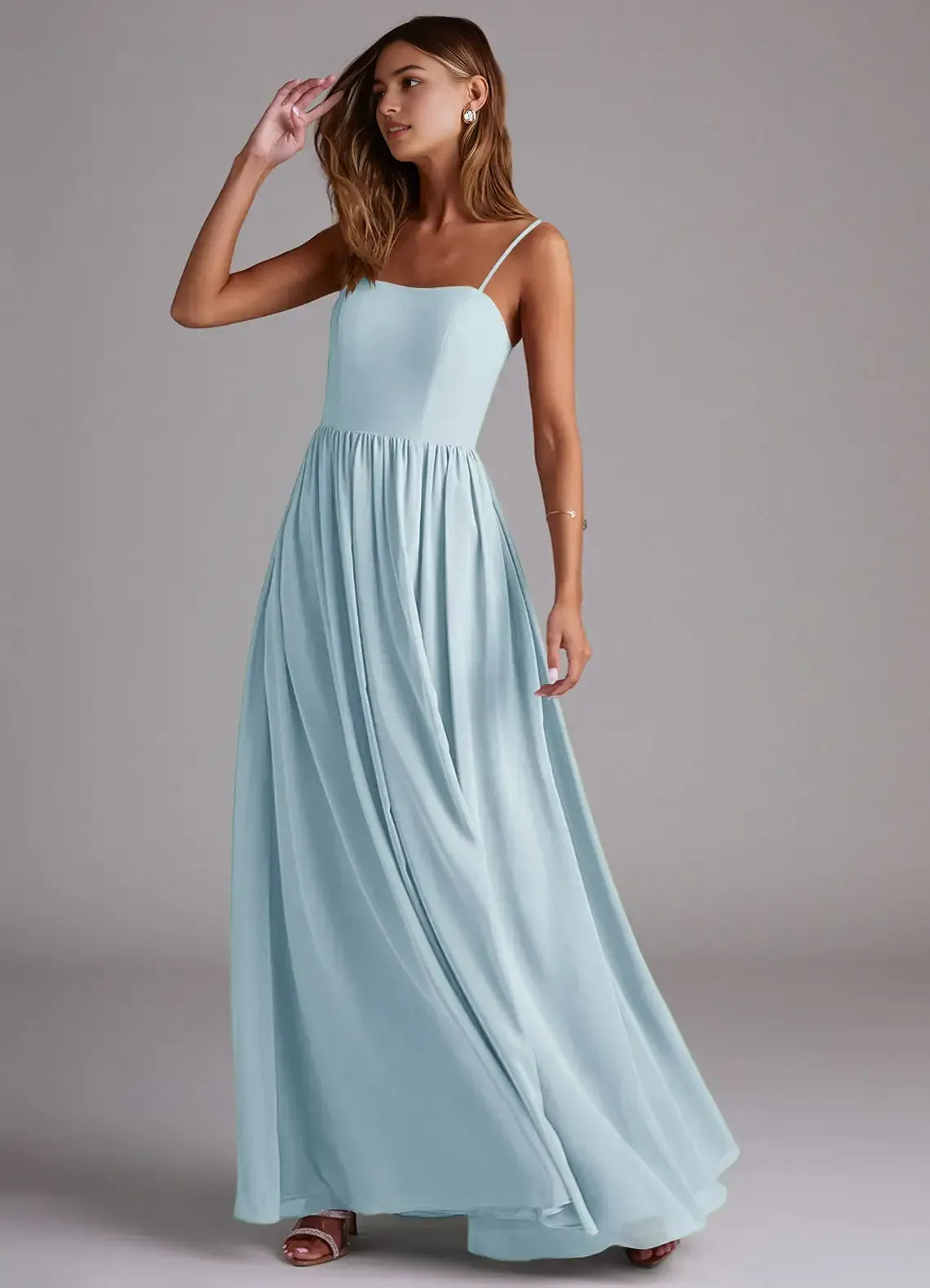 Sky-Blue Whimsical A-Line High-Slit Square-Neck Spaghetti-Strap Low-Back Floor-Length Wedding Bridesmaid Dress