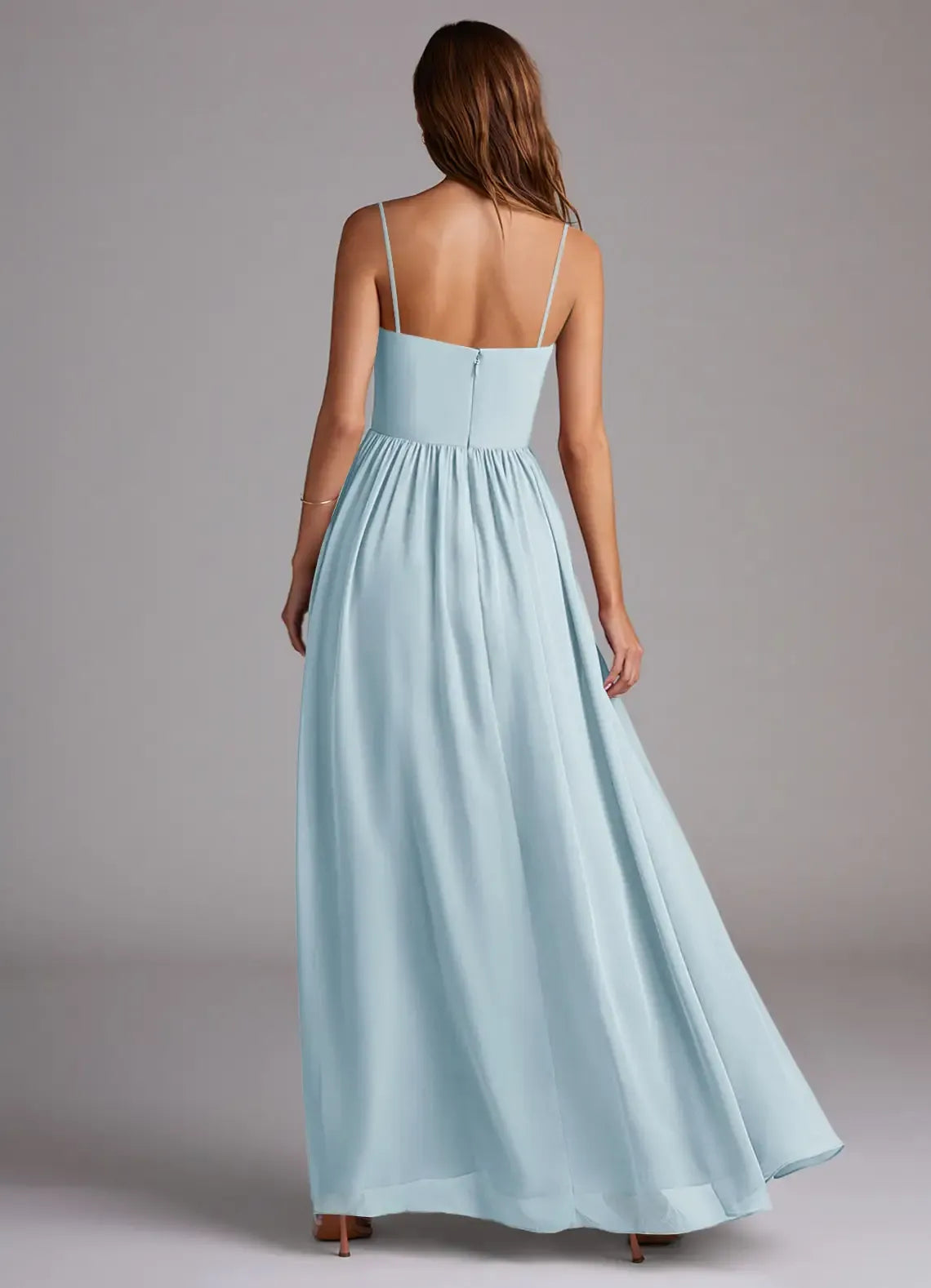 Sky-Blue Whimsical A-Line High-Slit Square-Neck Spaghetti-Strap Low-Back Floor-Length Wedding Bridesmaid Dress