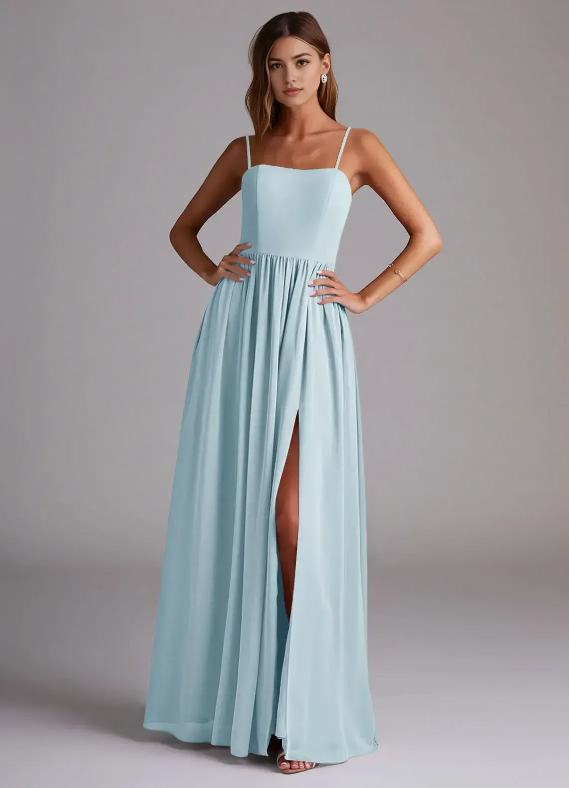 Sky-Blue Whimsical A-Line High-Slit Square-Neck Spaghetti-Strap Low-Back Floor-Length Wedding Bridesmaid Dress