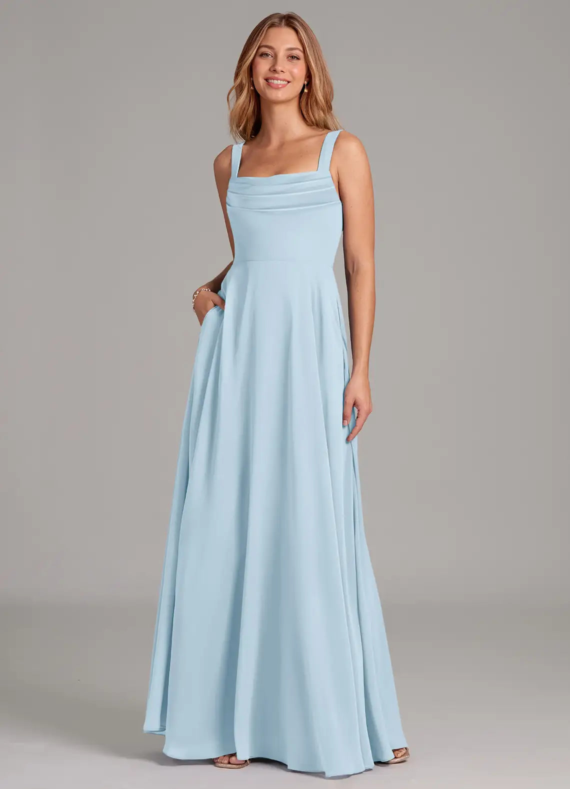 Sky Blue Wide Strap Pleated Square Neck Pocket A-Line Chiffon Maxi Bridesmaid Dress