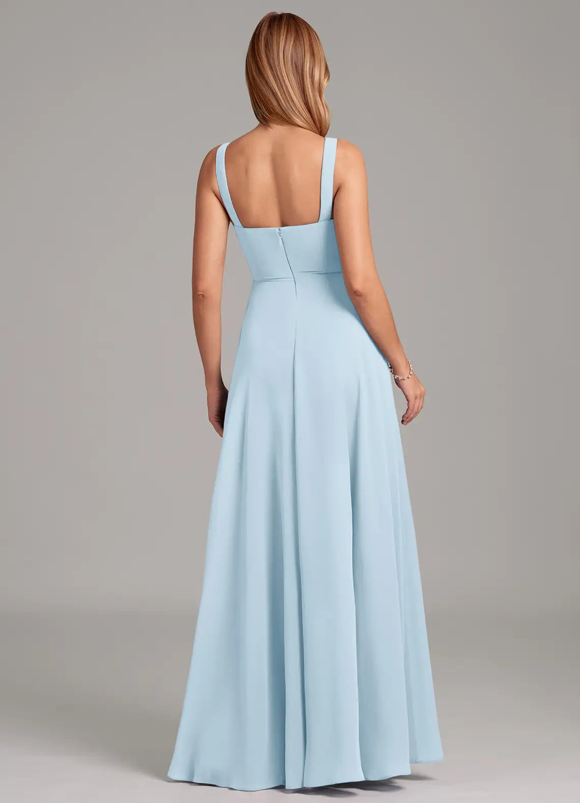 Sky Blue Wide Strap Pleated Square Neck Pocket A-Line Chiffon Maxi Bridesmaid Dress