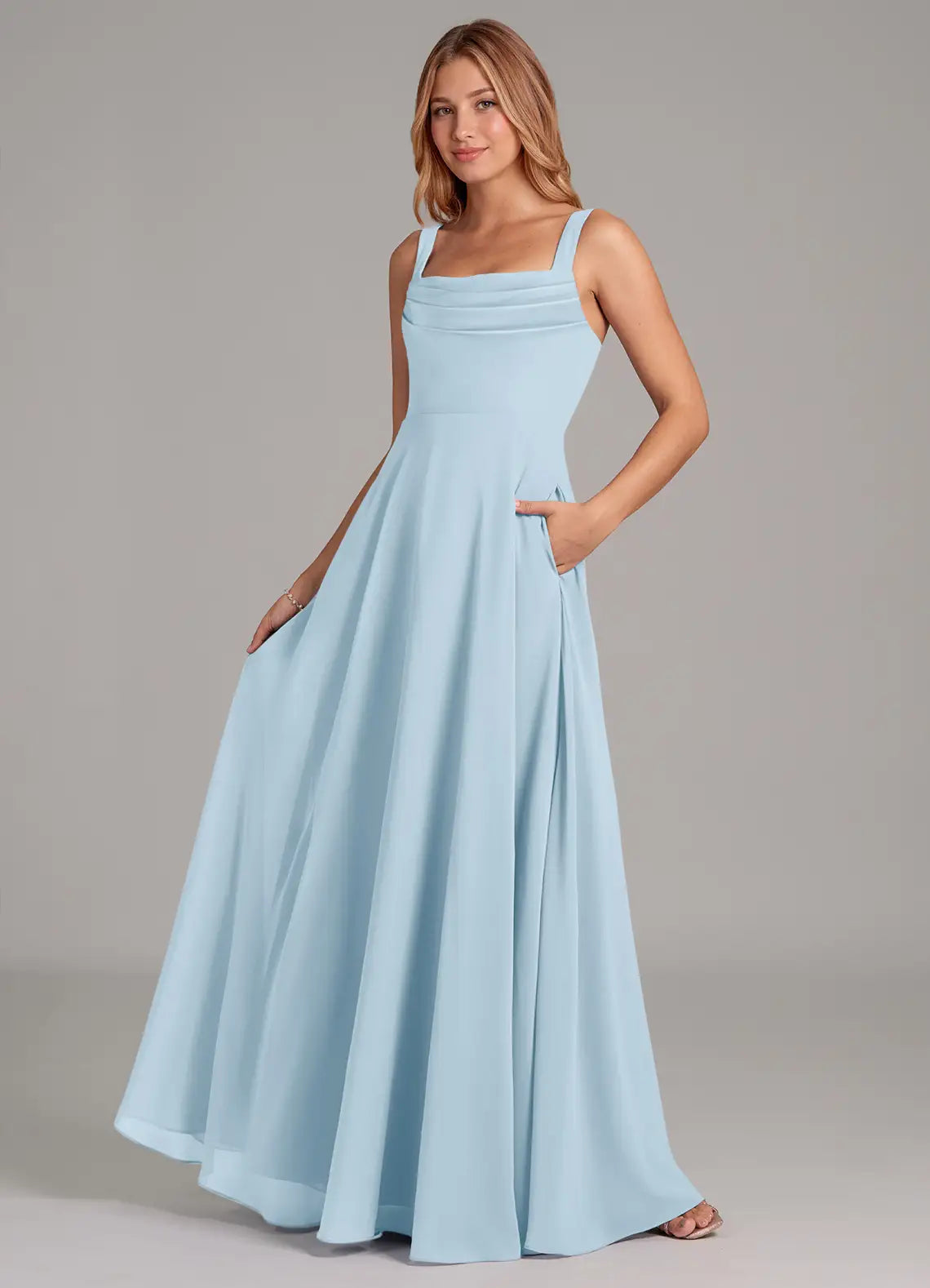 Sky Blue Wide Strap Pleated Square Neck Pocket A-Line Chiffon Maxi Bridesmaid Dress
