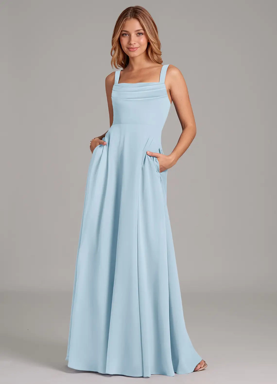 Sky Blue Wide Strap Pleated Square Neck Pocket A-Line Chiffon Maxi Bridesmaid Dress