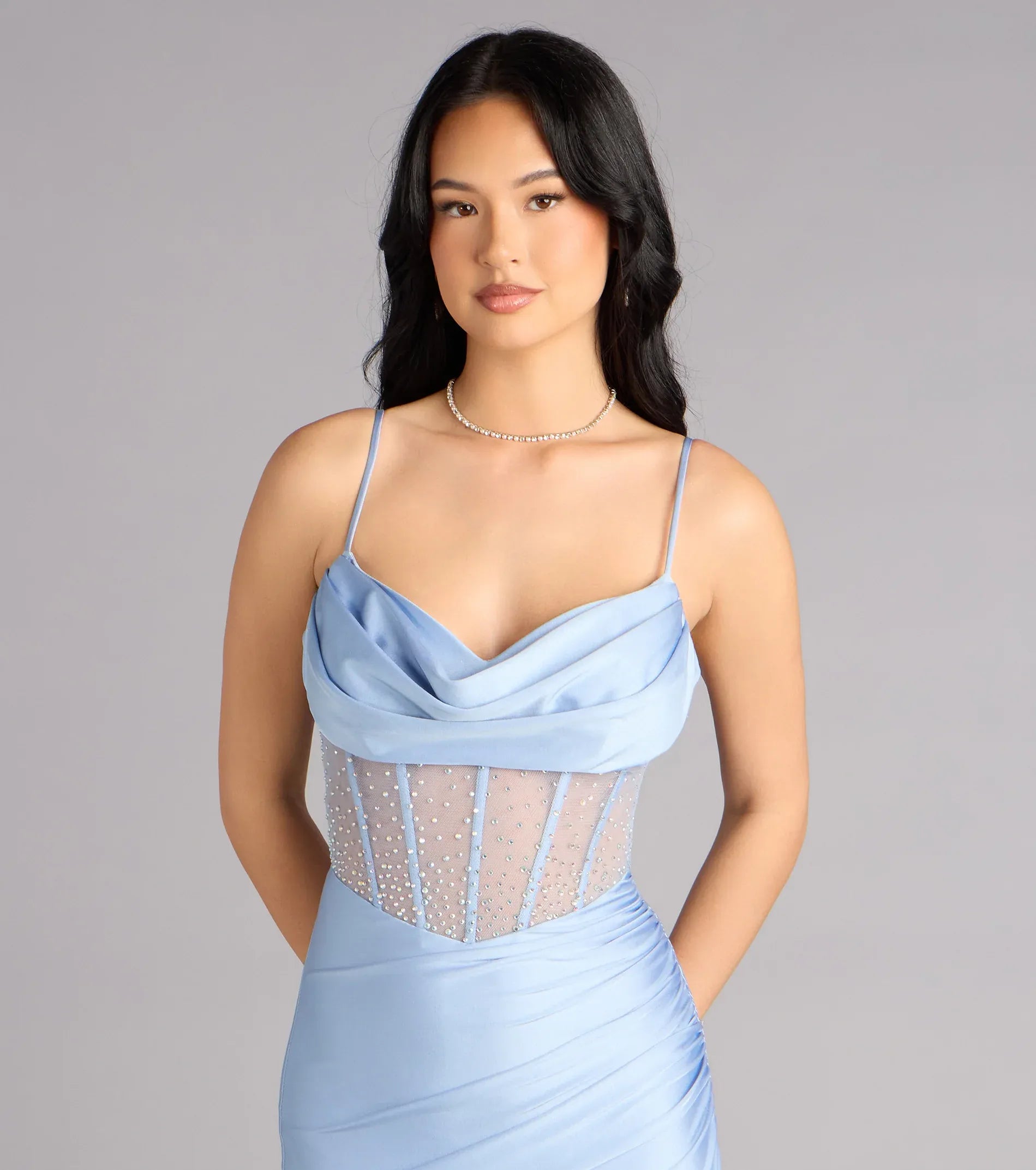 Sky Spaghetti Strap Cowl Sheer Rhinestone Corset High Slit Satin Mermaid Maxi Wedding Guest Dresses