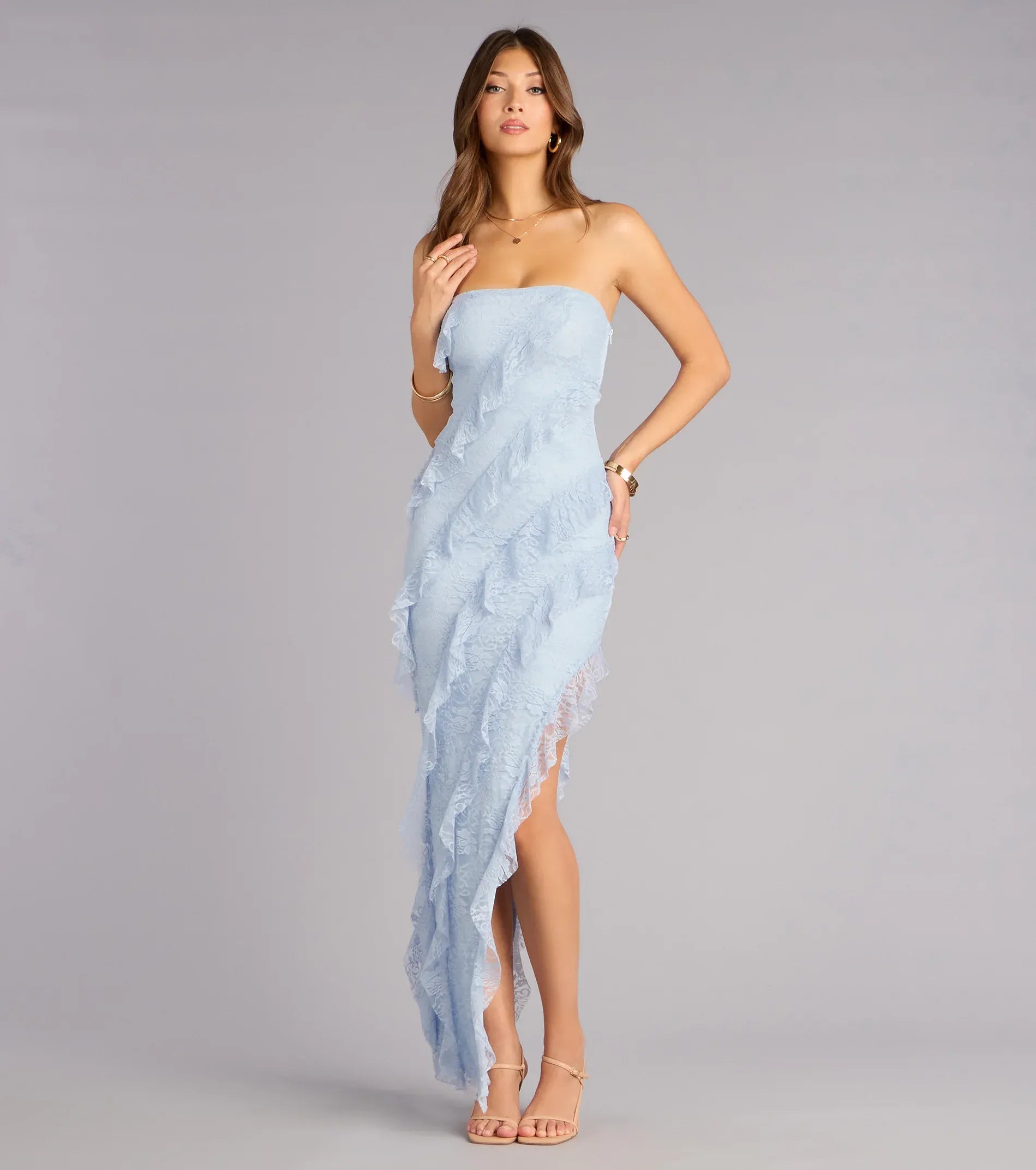 Sky Strapless Lace Asymmetrical Ruffle High Slit Mermaid Maxi Bridesmaid Dress