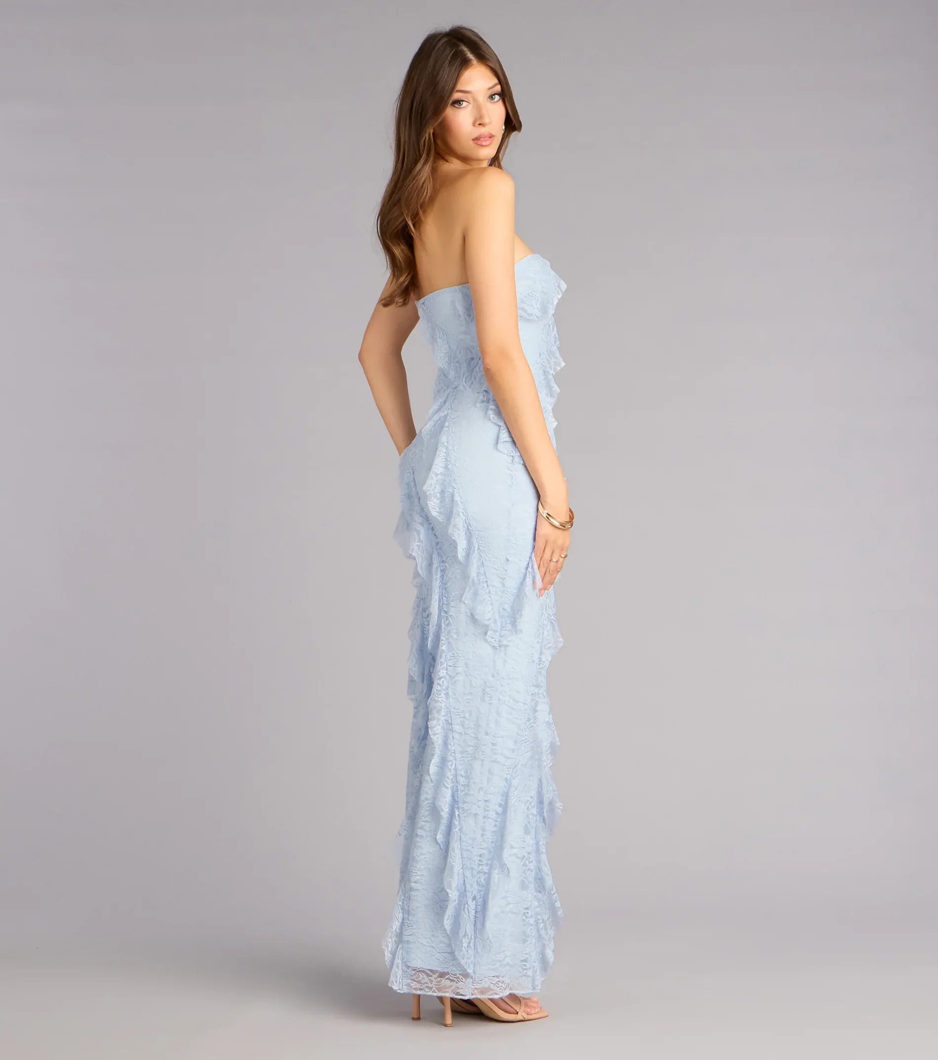 Sky Strapless Lace Asymmetrical Ruffle High Slit Mermaid Maxi Bridesmaid Dress