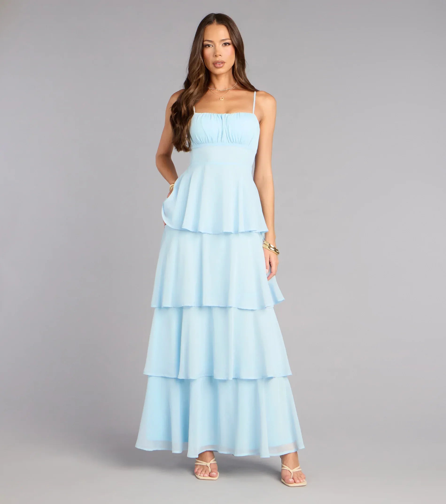 Sky Thin Spaghetti Strap Tiered Ruffle Tie Back Chiffon Maxi Bridesmaid Dress