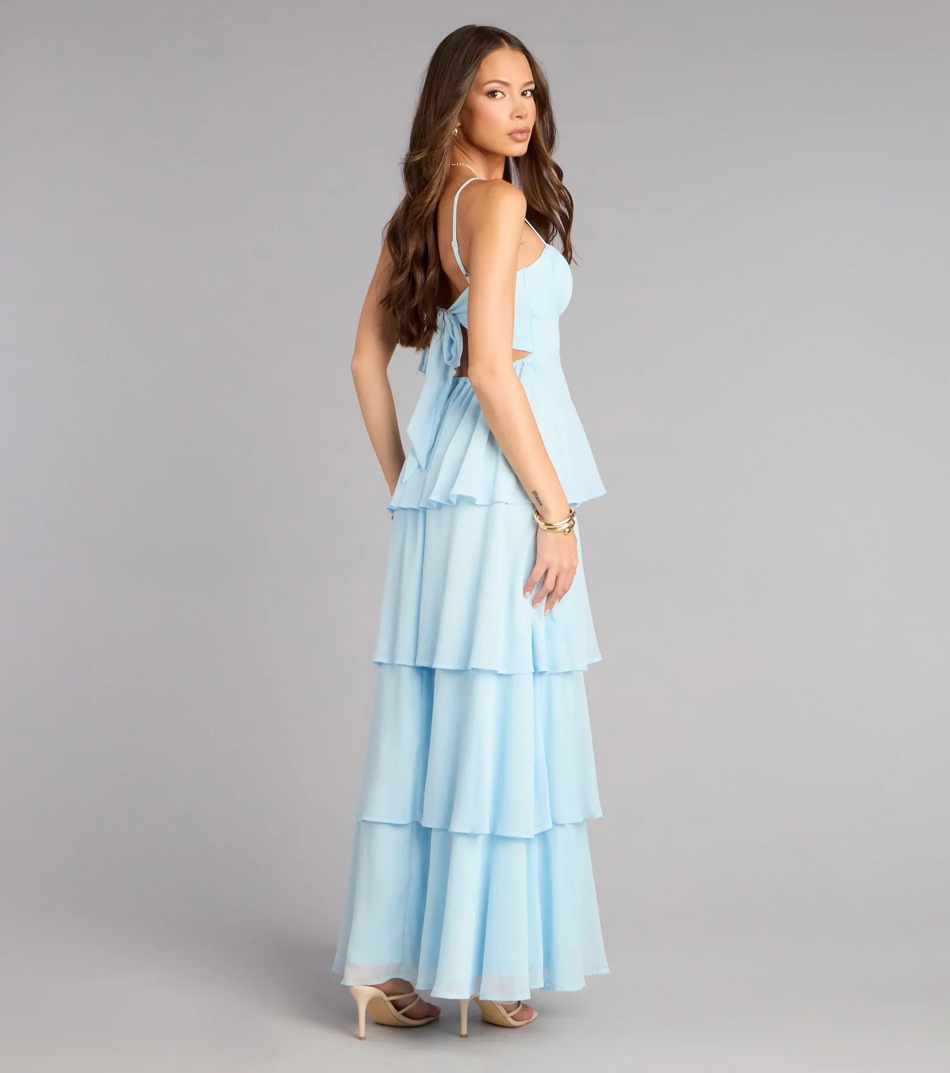 Sky Thin Spaghetti Strap Tiered Ruffle Tie Back Chiffon Maxi Bridesmaid Dress