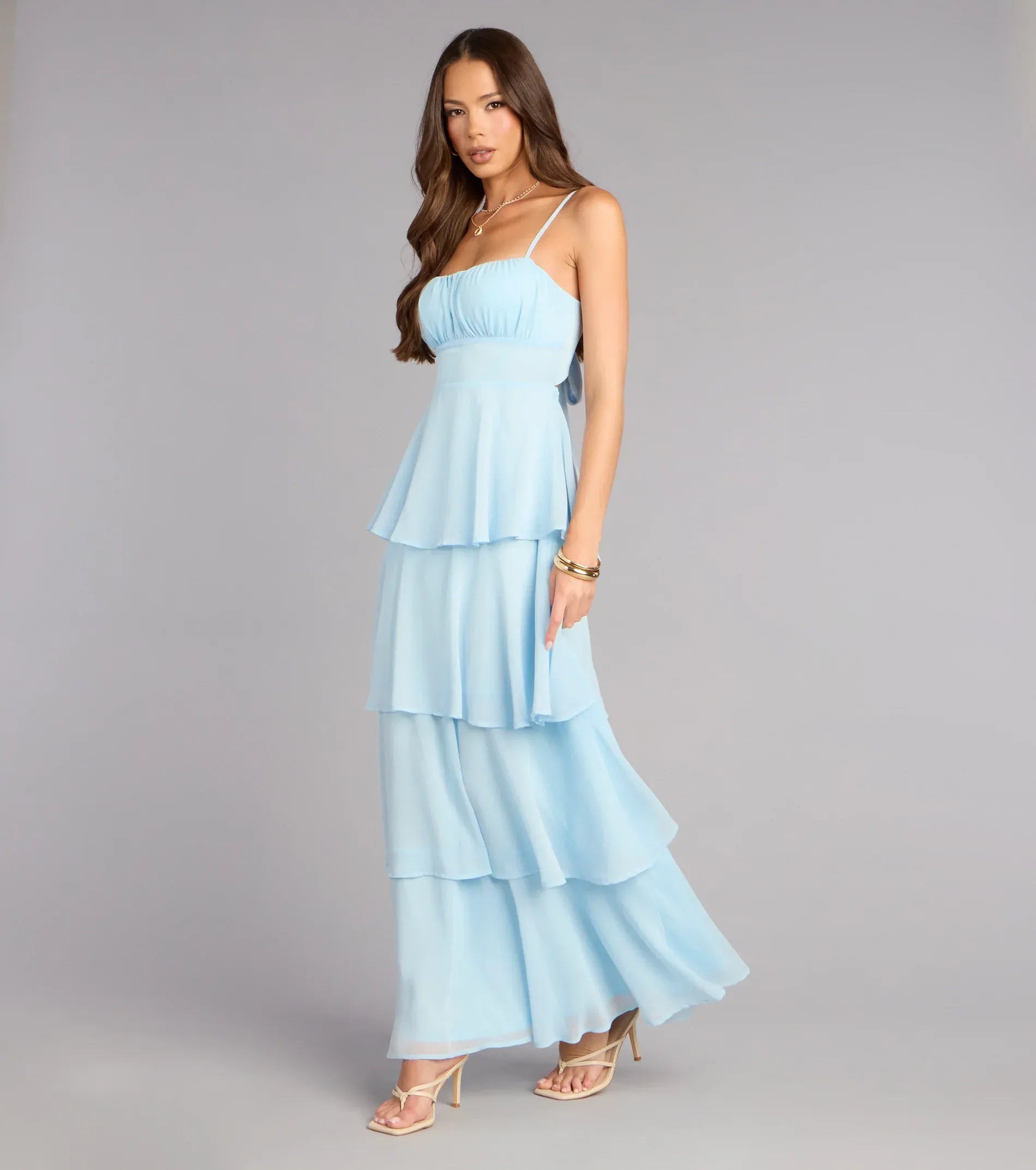 Sky Thin Spaghetti Strap Tiered Ruffle Tie Back Chiffon Maxi Bridesmaid Dress