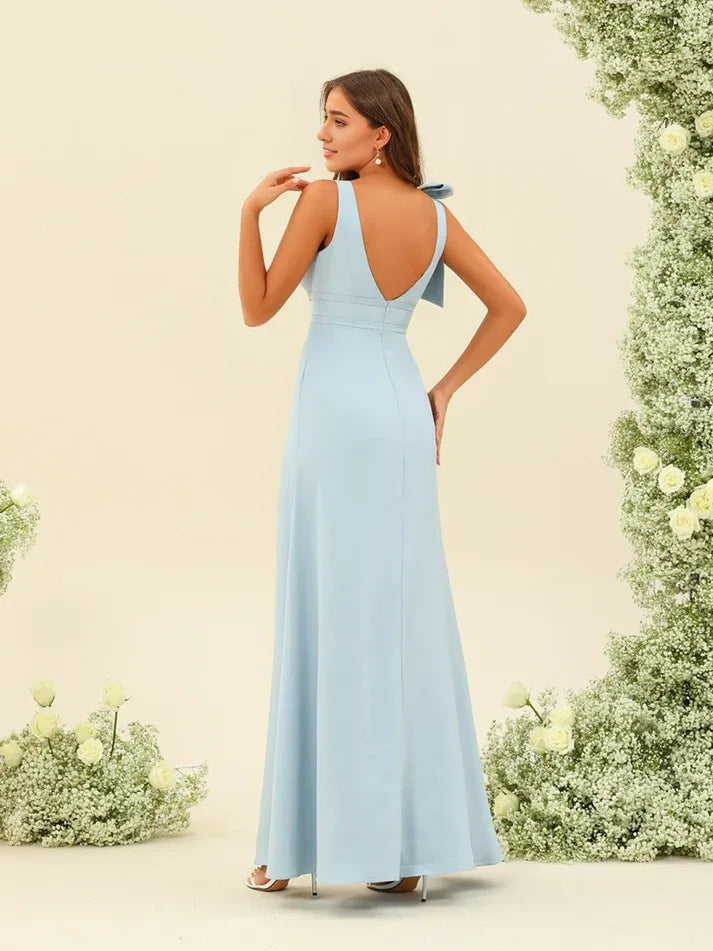 Sky‑Blue Crepe Bow‑Shoulder V‑Neck Low‑Back Mermaid Bridesmaid Dresses