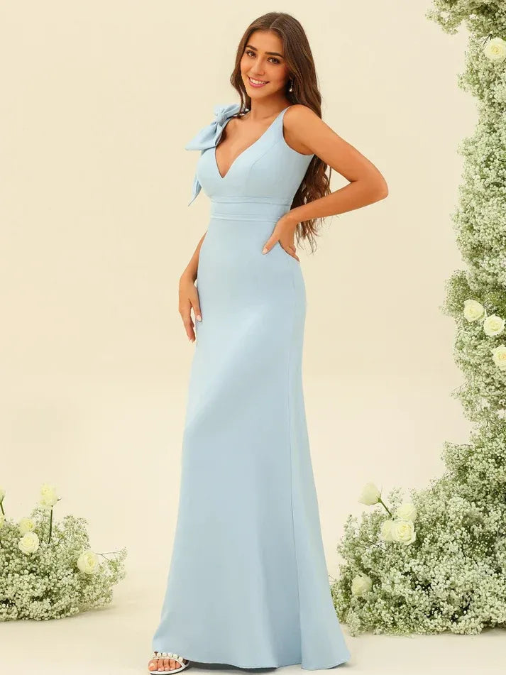 Sky‑Blue Crepe Bow‑Shoulder V‑Neck Low‑Back Mermaid Bridesmaid Dresses