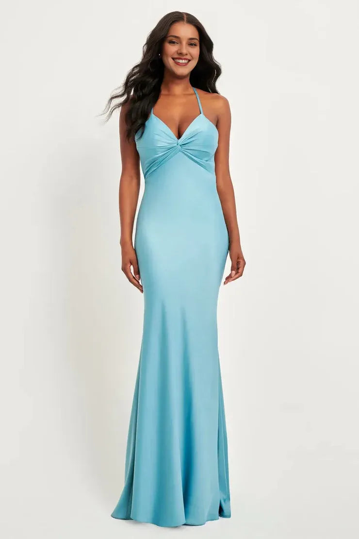 Sky‑Blue Satin Twist‑Front Crisscross‑Back Mermaid Bridesmaid Dresses