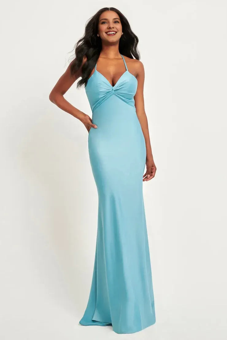Sky‑Blue Satin Twist‑Front Crisscross‑Back Mermaid Bridesmaid Dresses