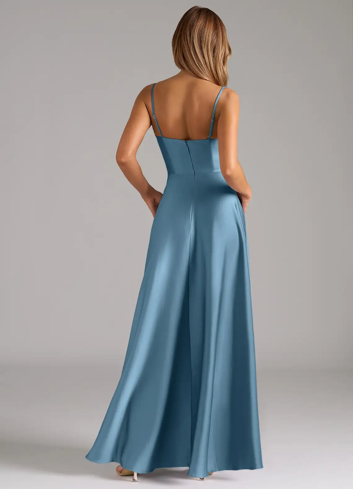 Slate Blue Thin Strap Cowl High Slit A Line Satin Maxi Bridesmaid Dress