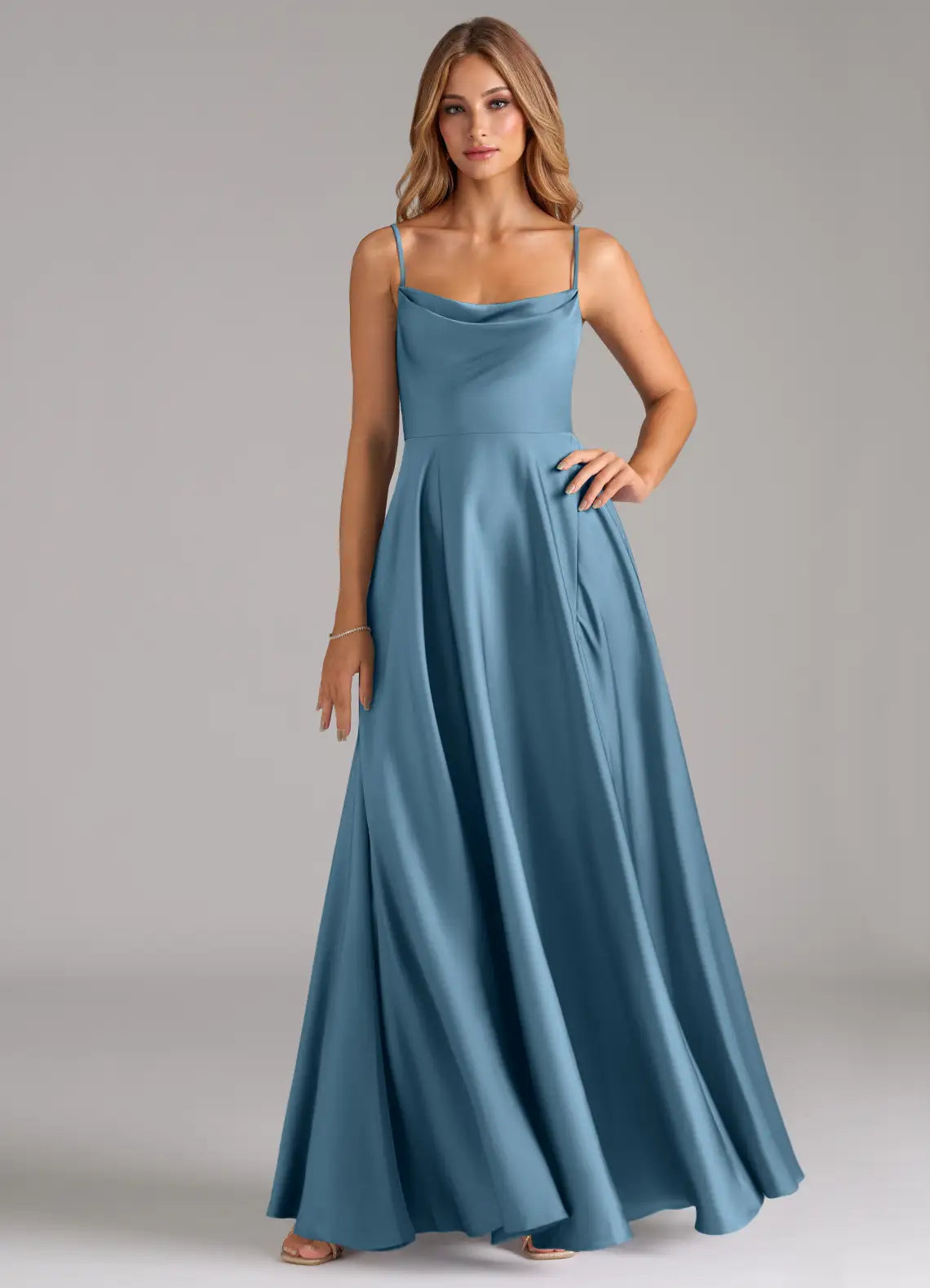 Slate Blue Thin Strap Cowl High Slit A Line Satin Maxi Bridesmaid Dress