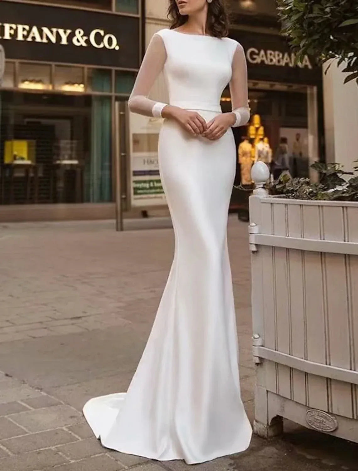 Sleek Mermaid Bateau Mesh Long Sleeve Corset Back Train Wedding Dress