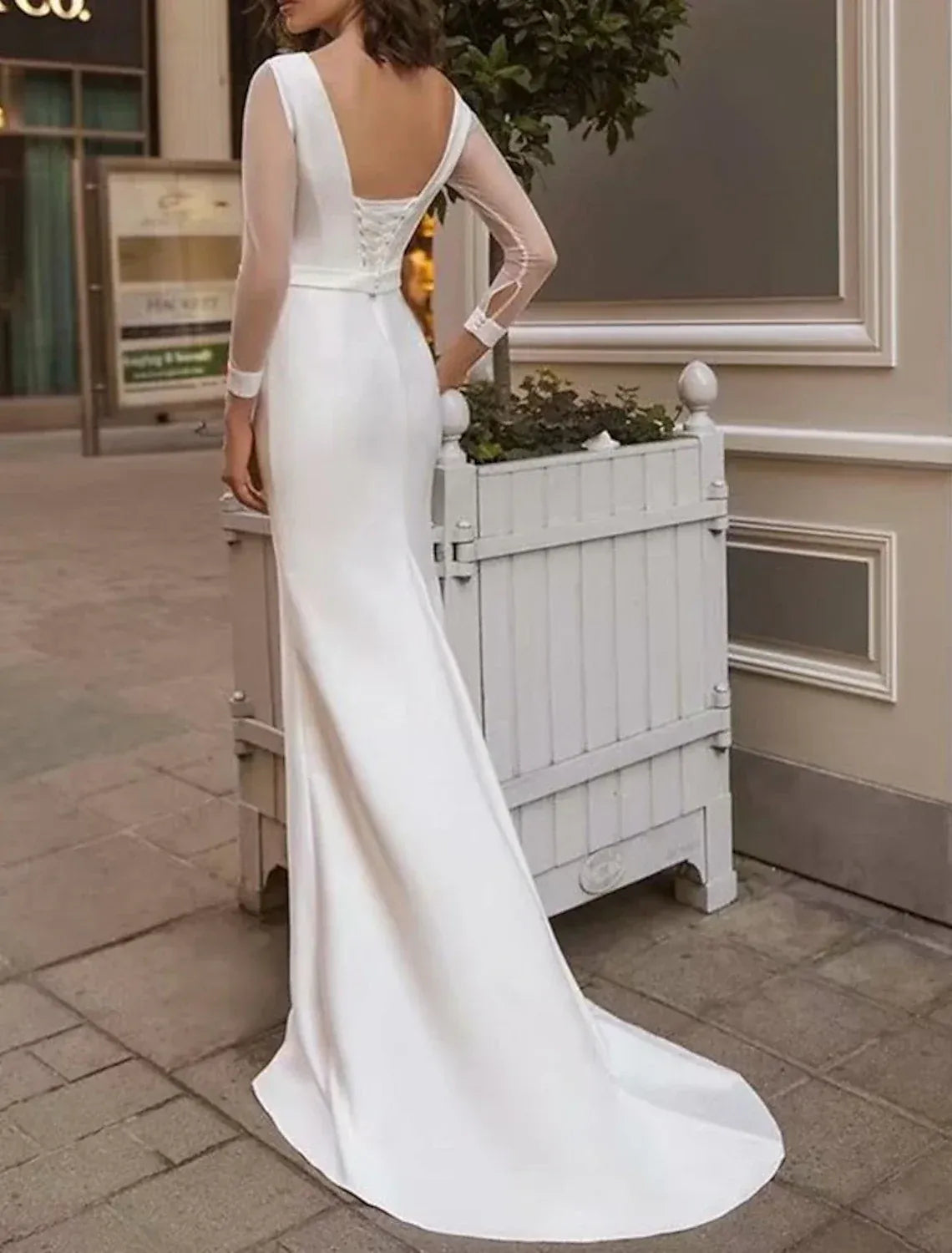Sleek Mermaid Bateau Mesh Long Sleeve Corset Back Train Wedding Dress