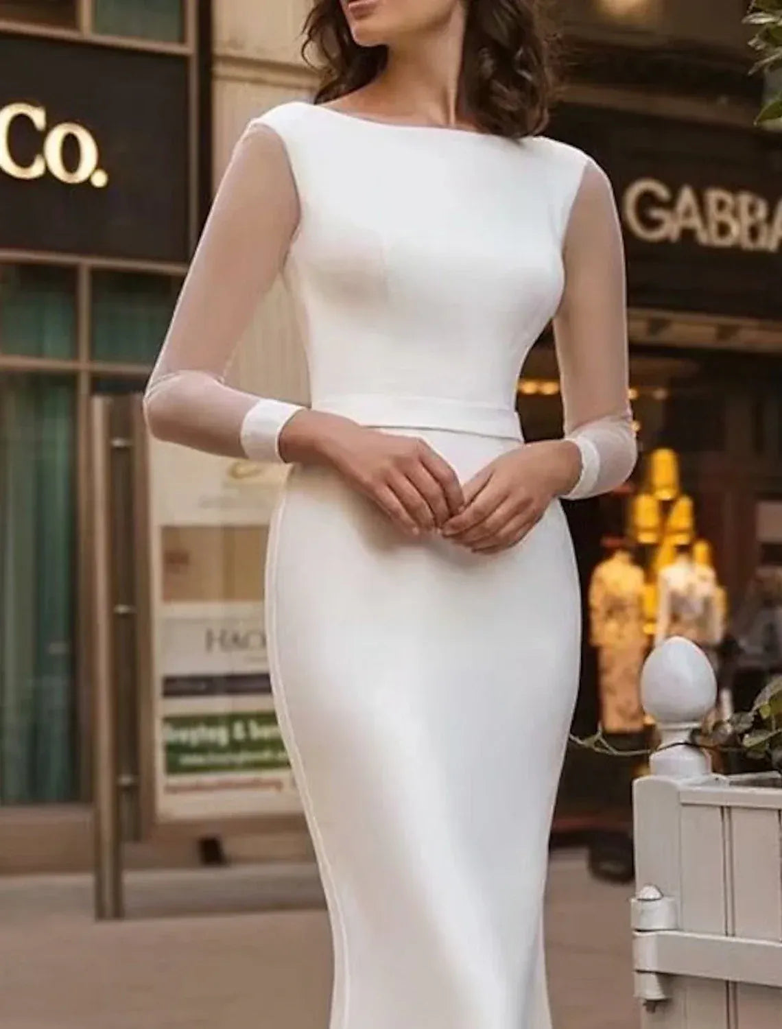 Sleek Mermaid Bateau Mesh Long Sleeve Corset Back Train Wedding Dress