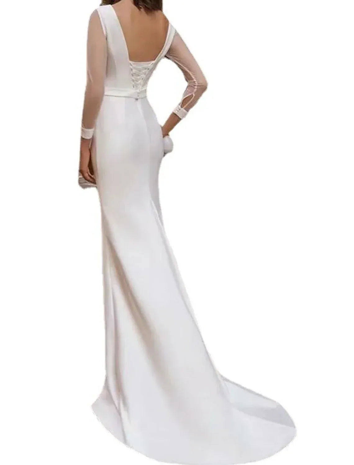 Sleek Mermaid Bateau Mesh Long Sleeve Corset Back Train Wedding Dress