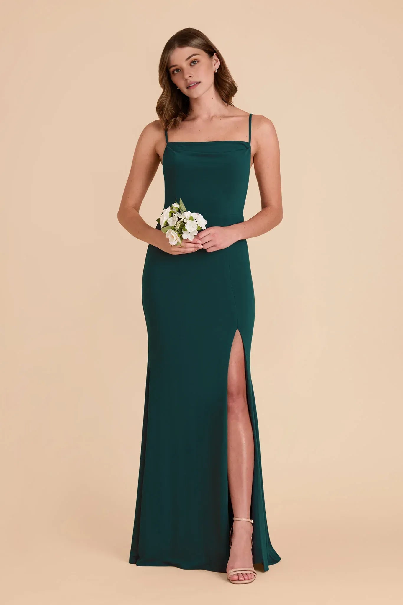Sleek Mermaid Cowl Neck Spaghetti Strap Low Back Floor Length Wedding Bridesmaid Dress