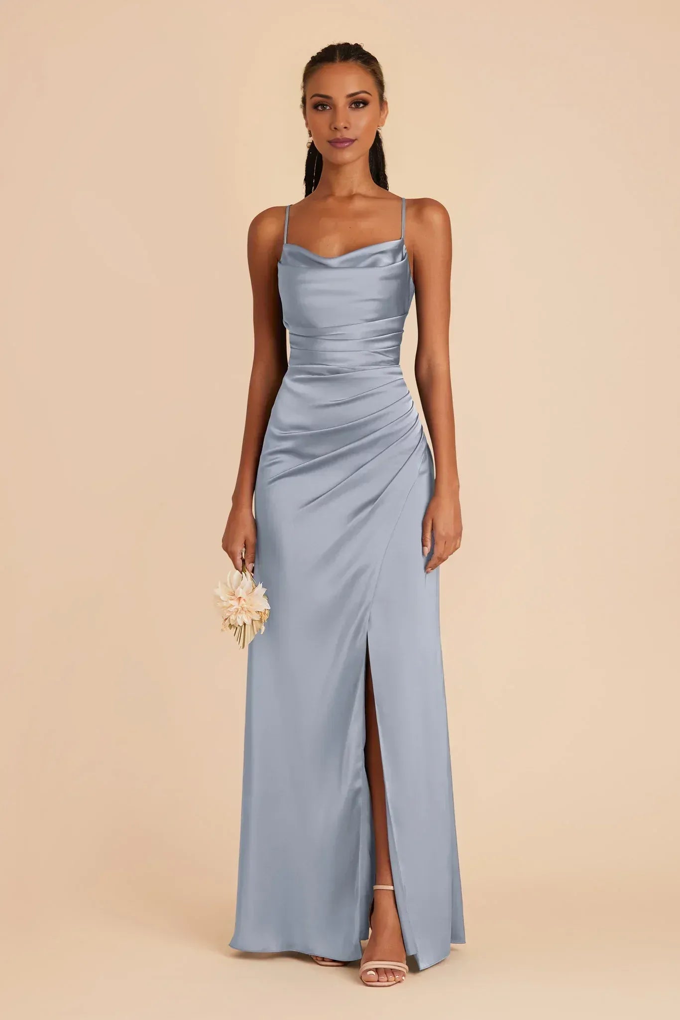 Sleek Mermaid Cowl Neck Spaghetti Strap Low Back Maxi Wedding Bridesmaid Dress