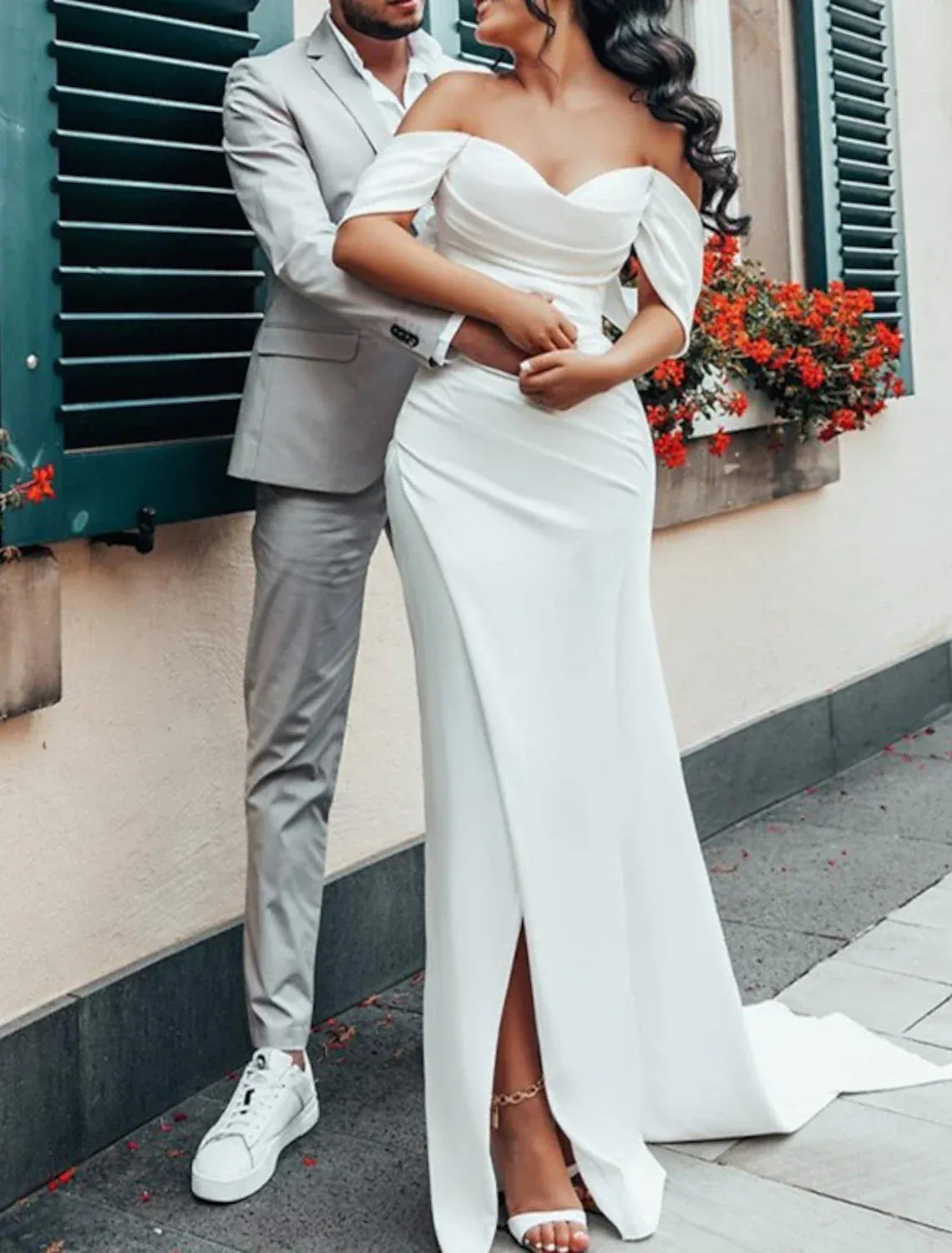 Sleek Mermaid Off Shoulder Split Sleeve Low Back Train Wedding Dress