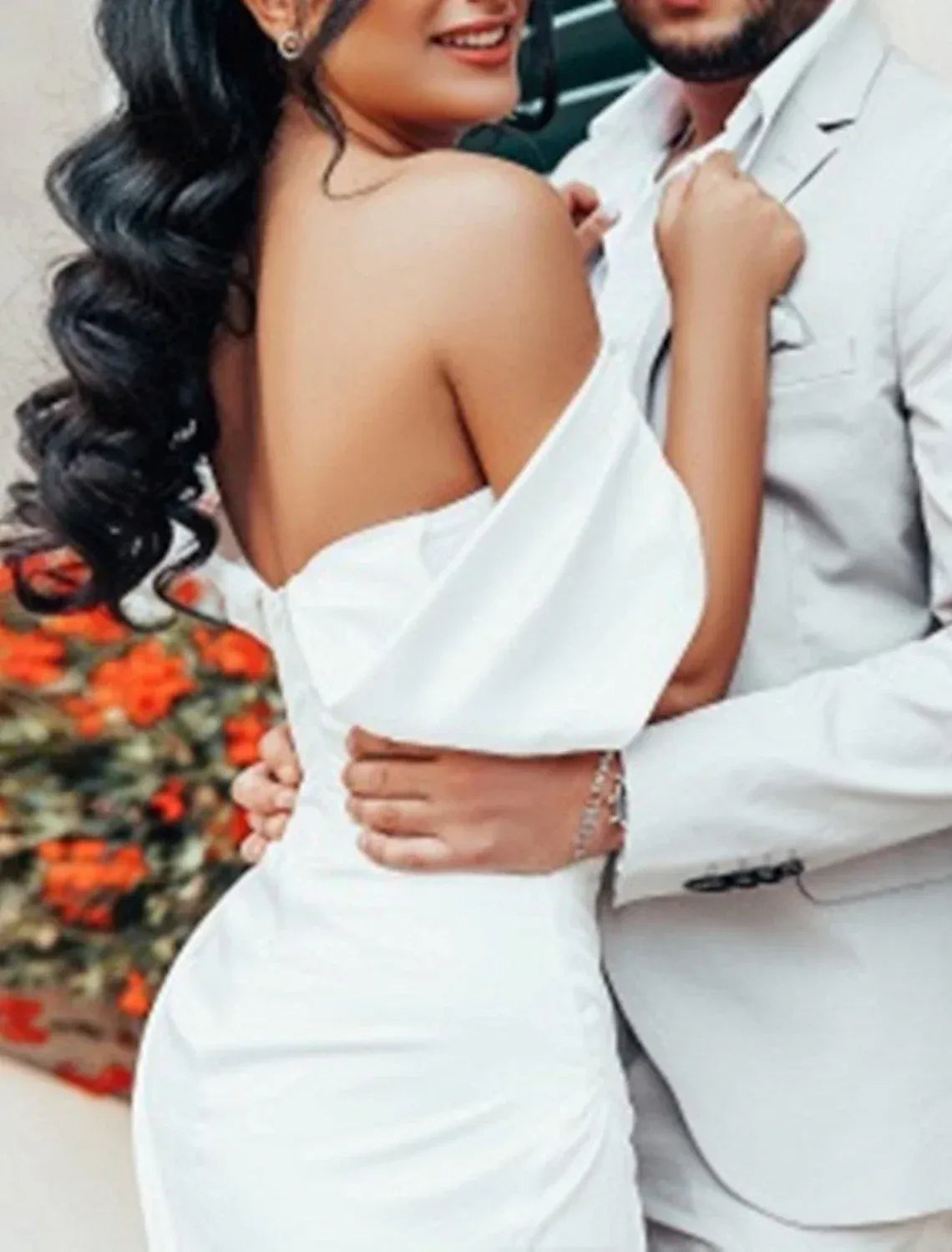 Sleek Mermaid Off Shoulder Split Sleeve Low Back Train Wedding Dress