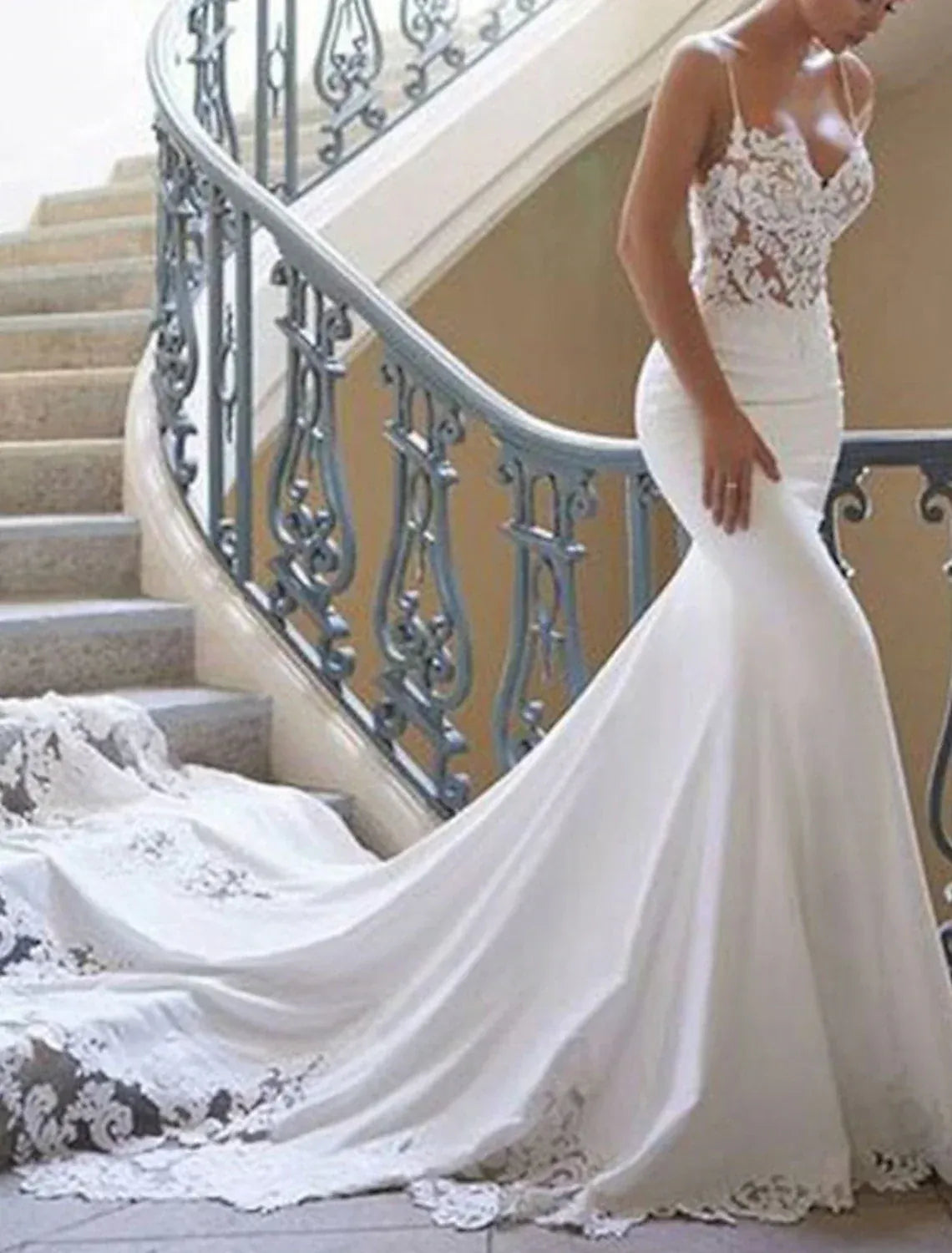 Sleek Mermaid Spaghetti Strap Deep V Floral Lace Low Back Scalloped Train Satin Wedding Dress