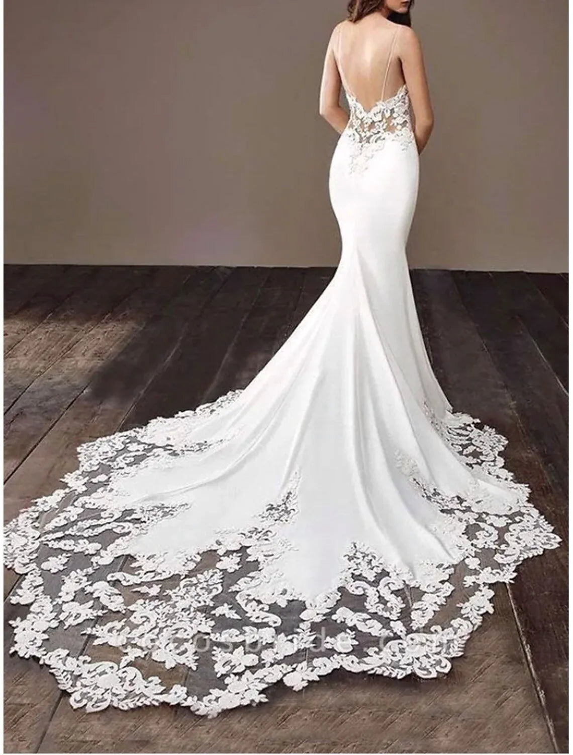 Sleek Mermaid Spaghetti Strap Deep V Floral Lace Low Back Scalloped Train Satin Wedding Dress