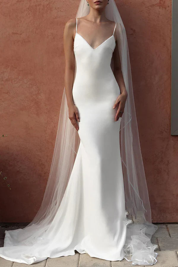 Sleek Mermaid V-Neck Spaghetti-Strap Lace-Up-Back Floor-Length Wedding Dresses For Modern Wedding
