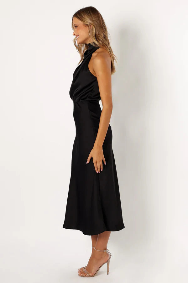 Sleek Midi Asymmetrical-Halter Satin Wedding Guest Dress