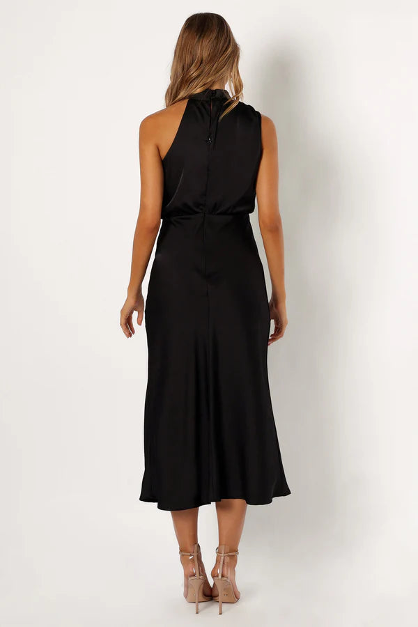 Sleek Midi Asymmetrical-Halter Satin Wedding Guest Dress