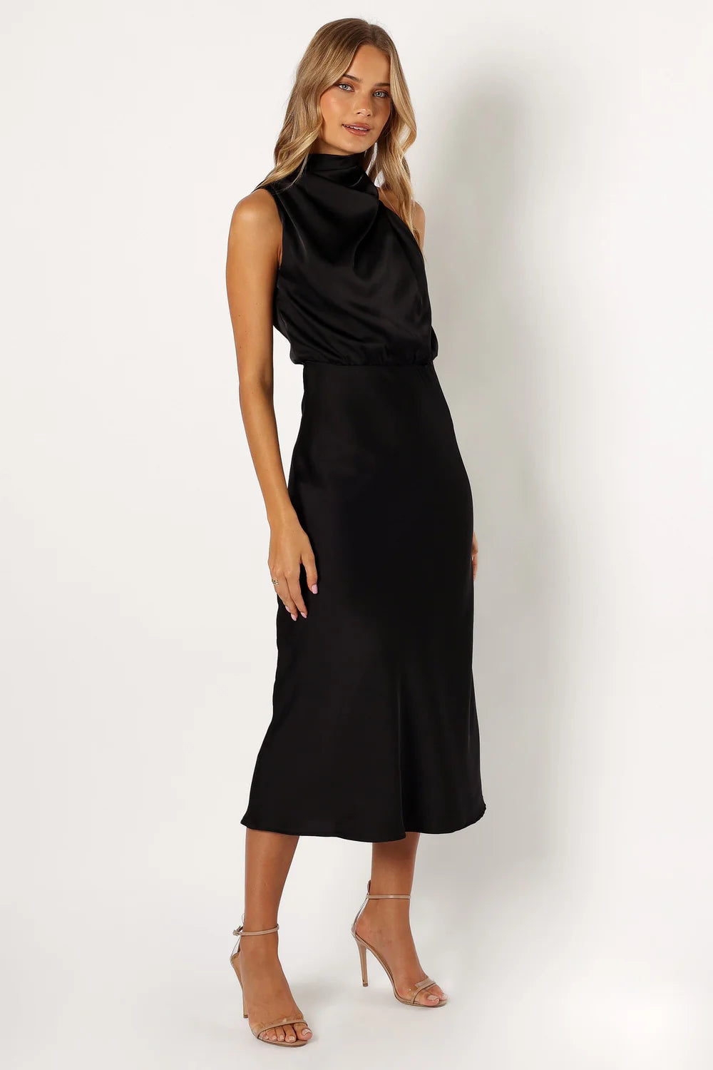 Sleek Midi Asymmetrical-Halter Satin Wedding Guest Dress