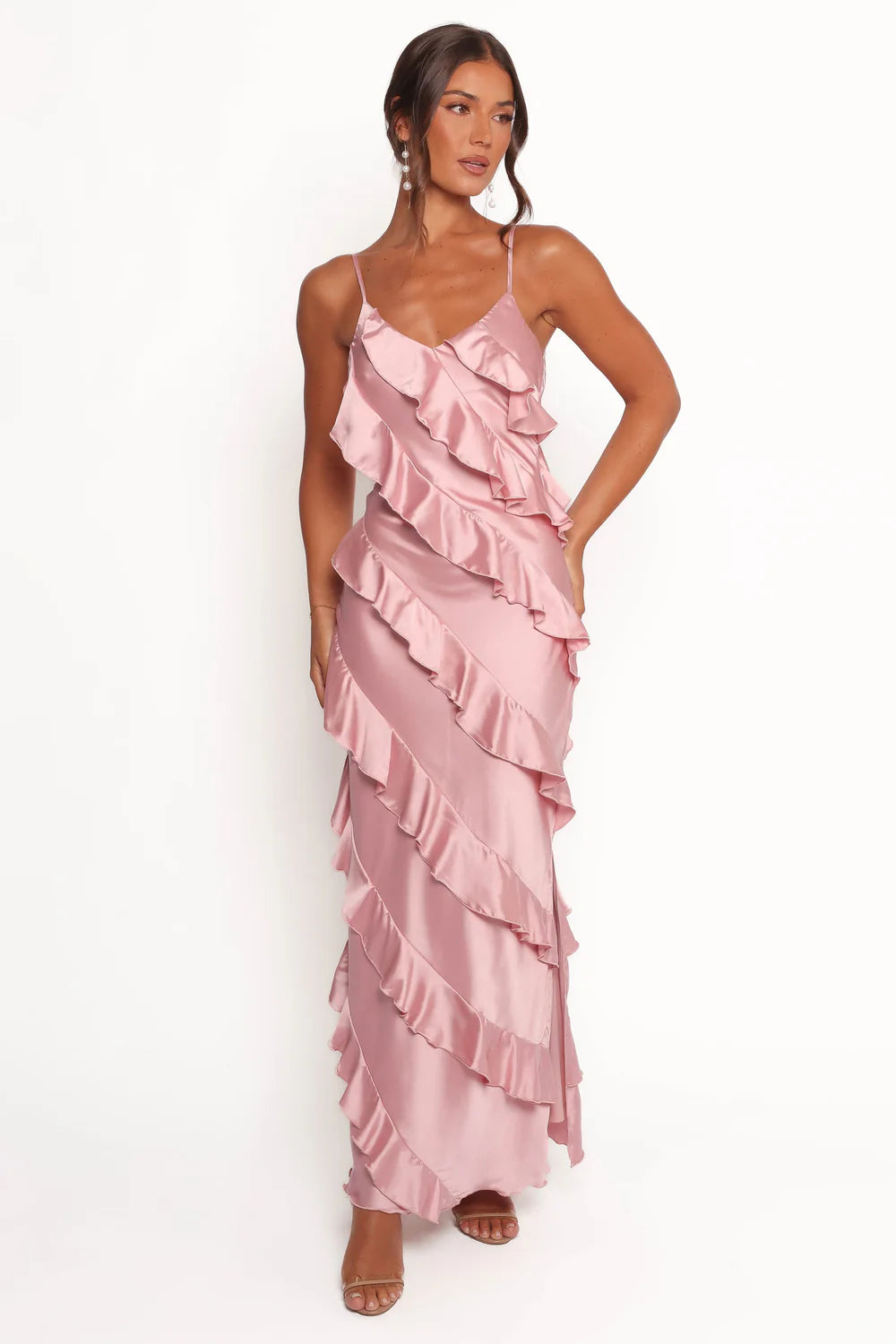 Sleek Midi V-Neck Spaghetti Strap Low-Back Tiered Ruffle Wedding Guest Dress