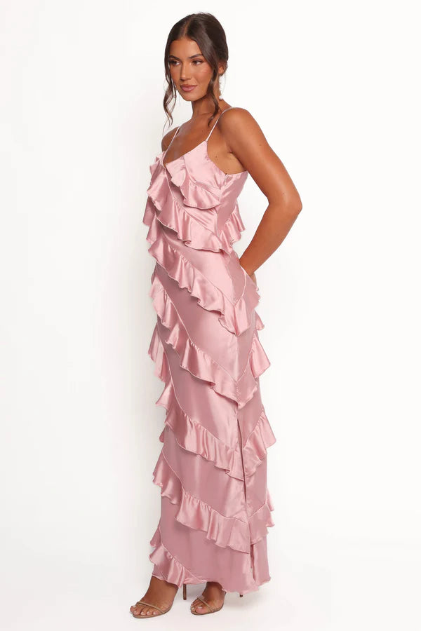 Sleek Midi V-Neck Spaghetti Strap Low-Back Tiered Ruffle Wedding Guest Dress