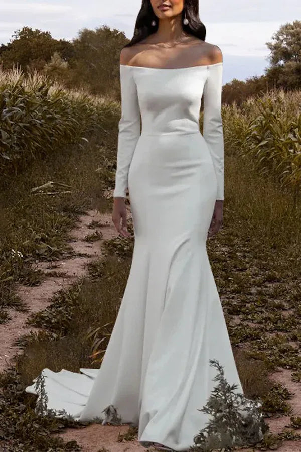 Sleek Off-the-Shoulder Long-Sleeve Mermaid Floor-Length Wedding Dress