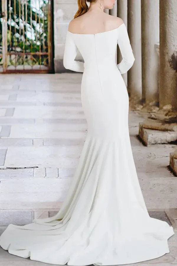 Sleek Off-the-Shoulder Long-Sleeve Mermaid Floor-Length Wedding Dress