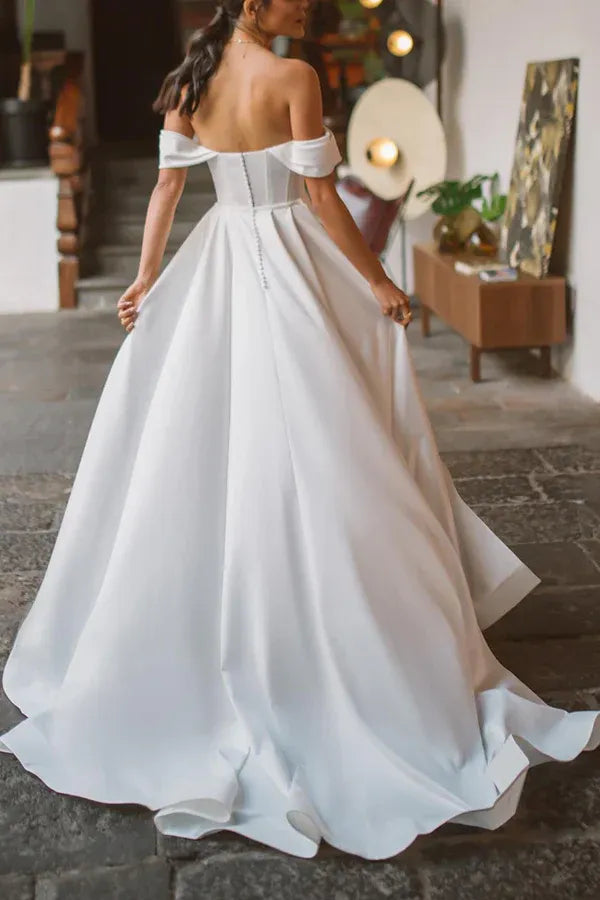 Sleek Off-the-Shoulder Sweetheart Crepe A-Line Floor-Length Wedding Dress