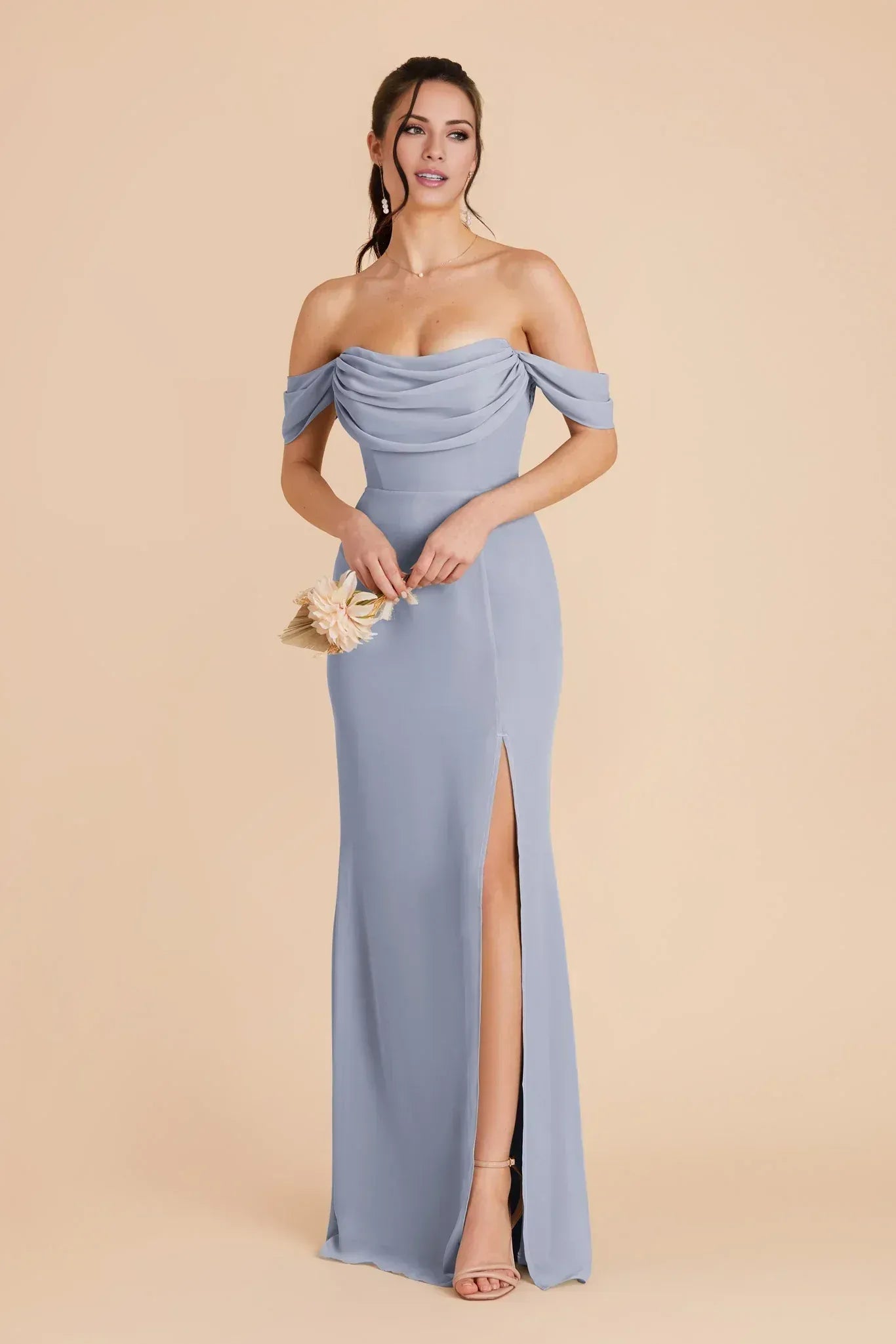 Sleek Mermaid Off‑Shoulder Short Sleeve Cowl Back Maxi Wedding Bridesmaid Dress