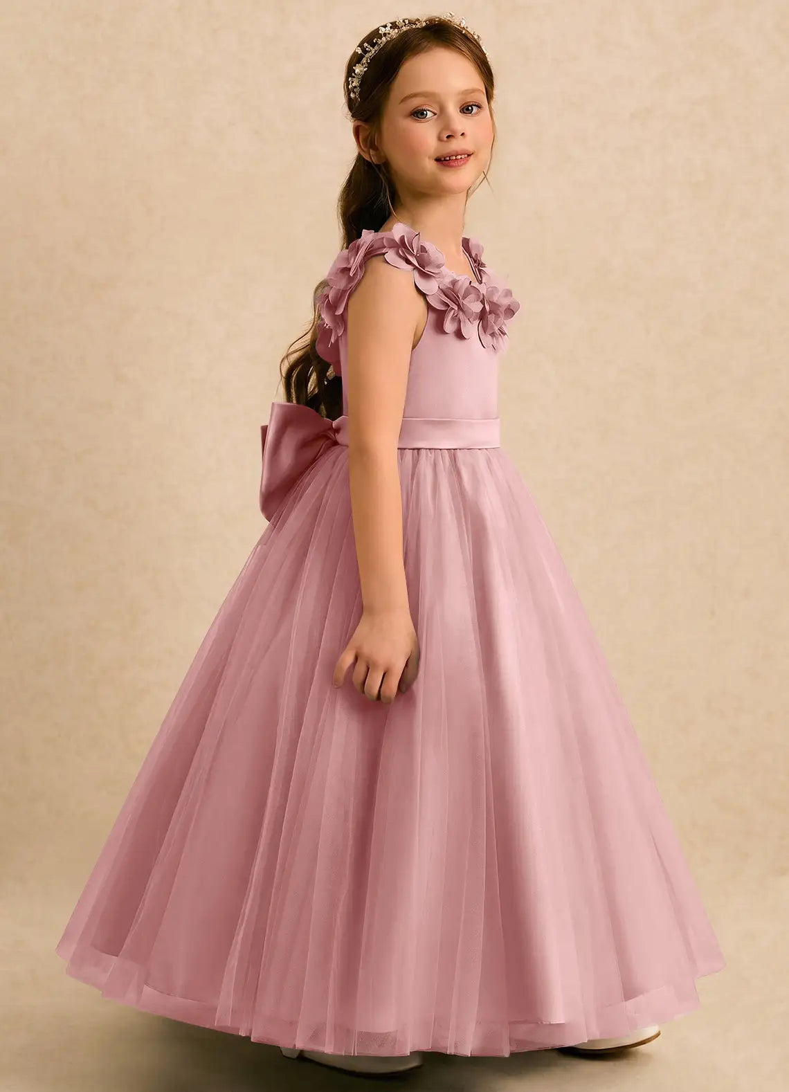 Sleeveless 3D Floral Neckline Dusty Pink Tulle Full-Length Flower Girl Dresses with Big Bow