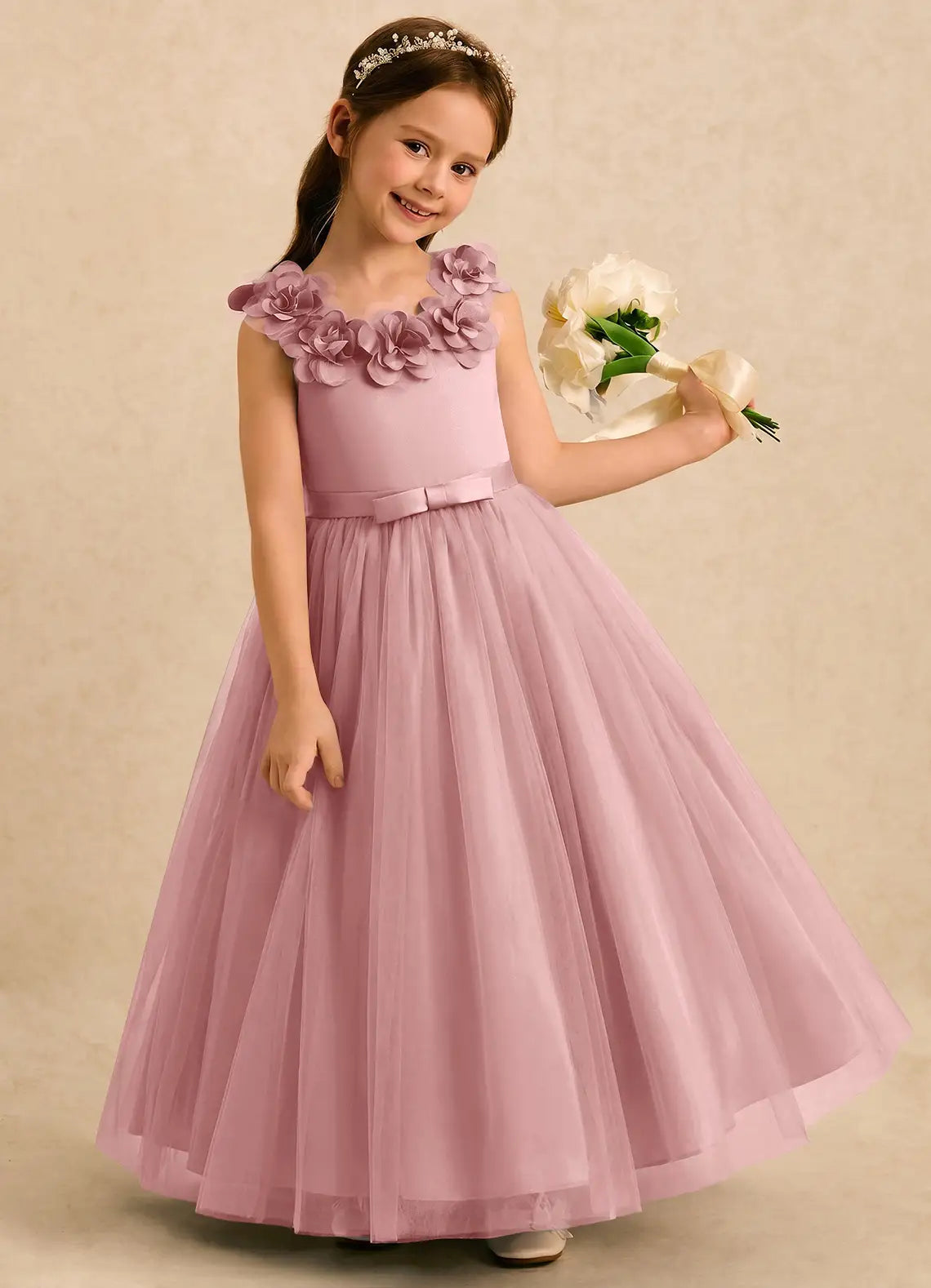Sleeveless 3D Floral Neckline Dusty Pink Tulle Full-Length Flower Girl Dresses with Big Bow